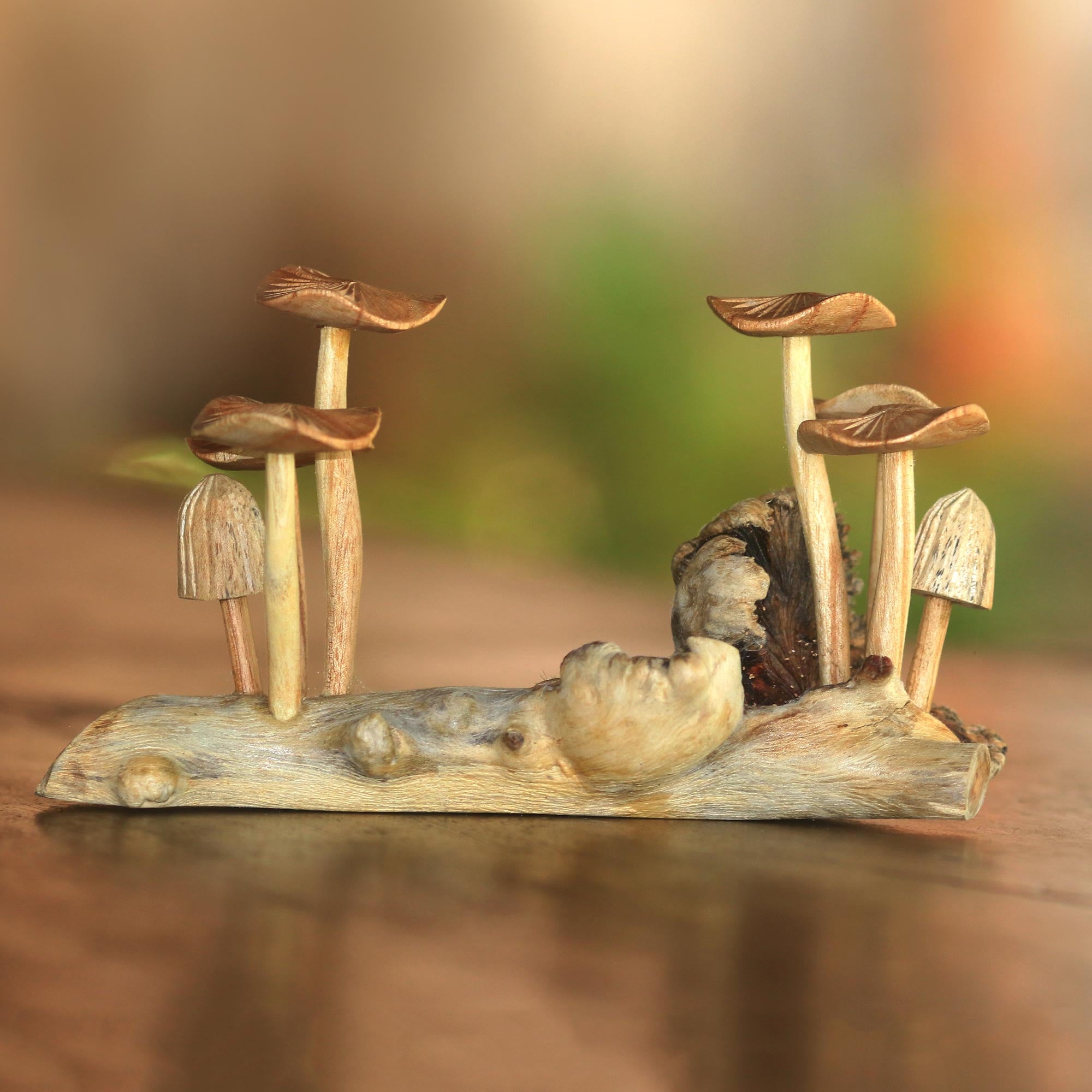 Premium Hand-Carved Mushroom Sculpture - Nature-Inspired Wood Art from Bali