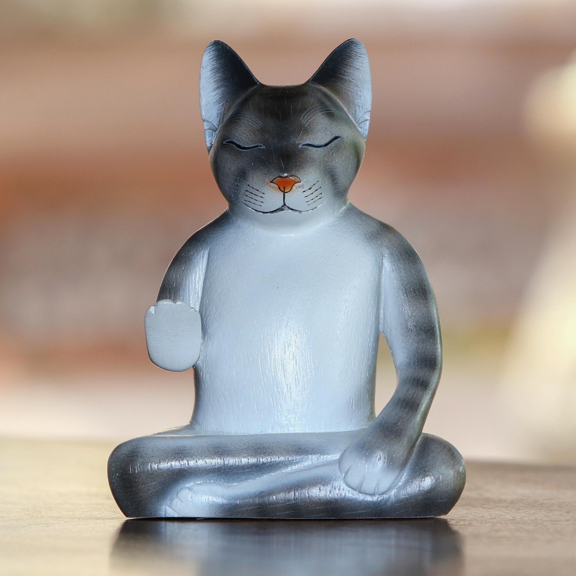 Premium Nirvana Kitty Meditation Sculpture - Handcrafted Grey & White Cat from Bali