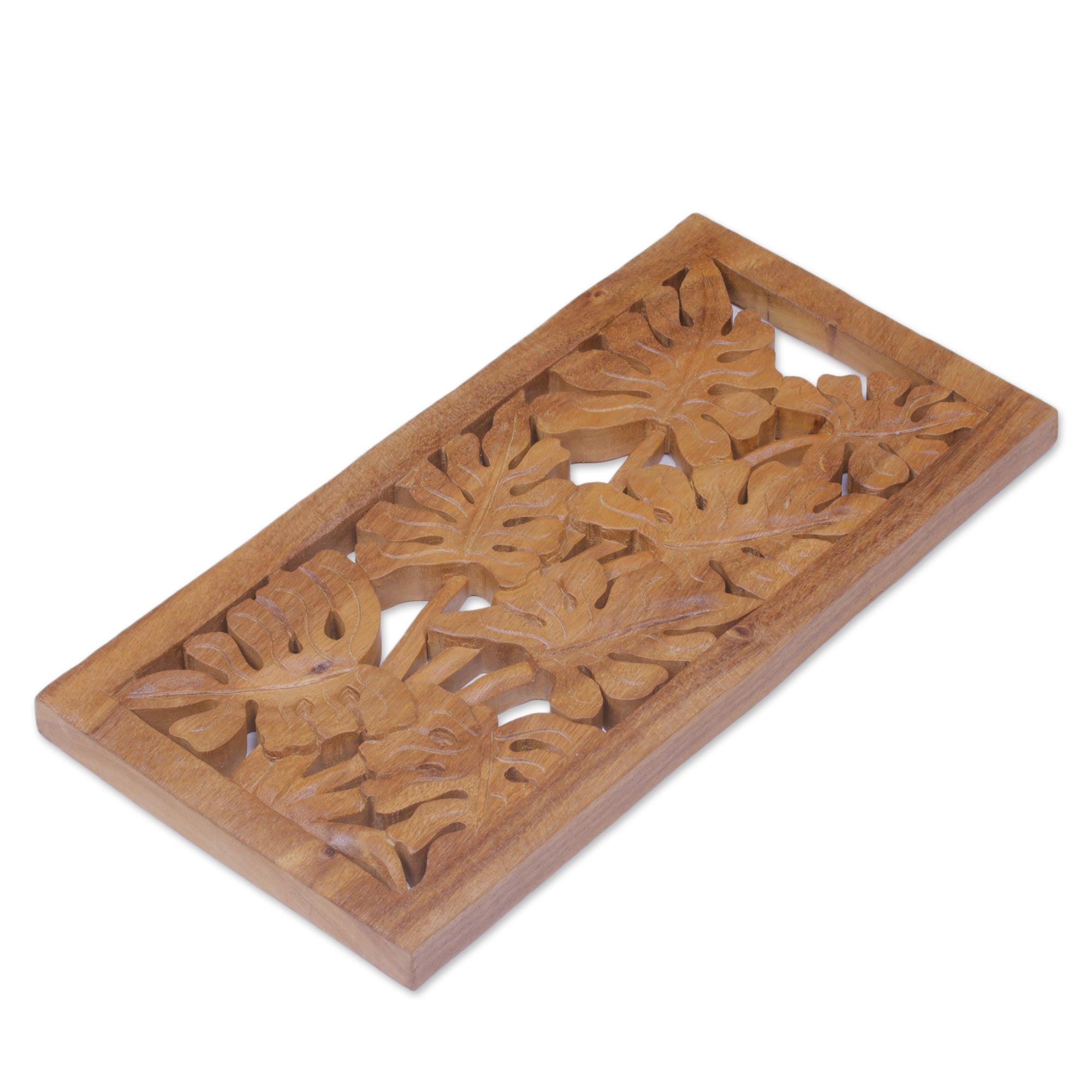 Premium Philodendron Leaf Wall Art - Handmade Suar Wood Relief Panel from Indonesia