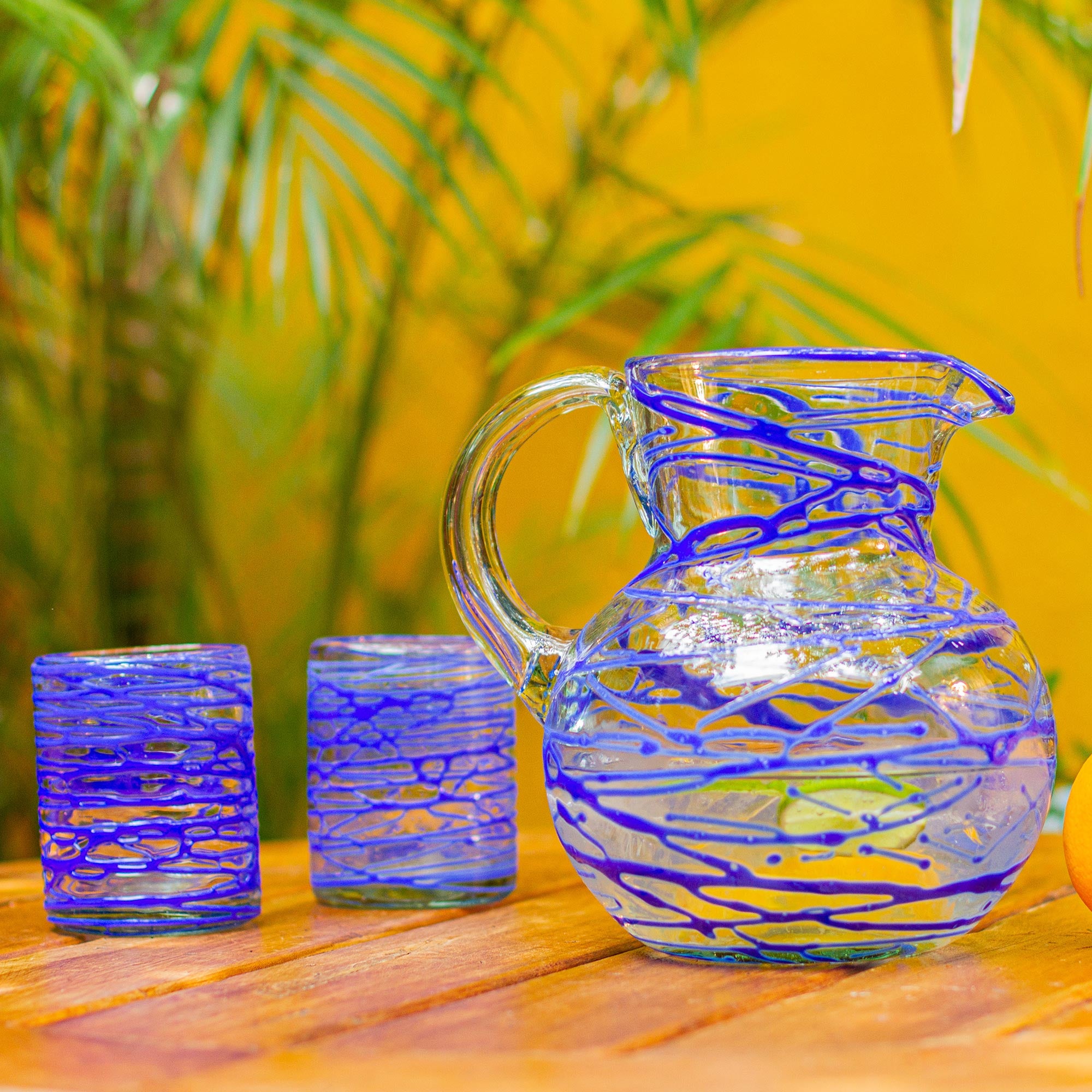 Premium Sapphire Swirl Hand-Blown Glass Pitcher - 84 oz Eco-Friendly Artisan Craft