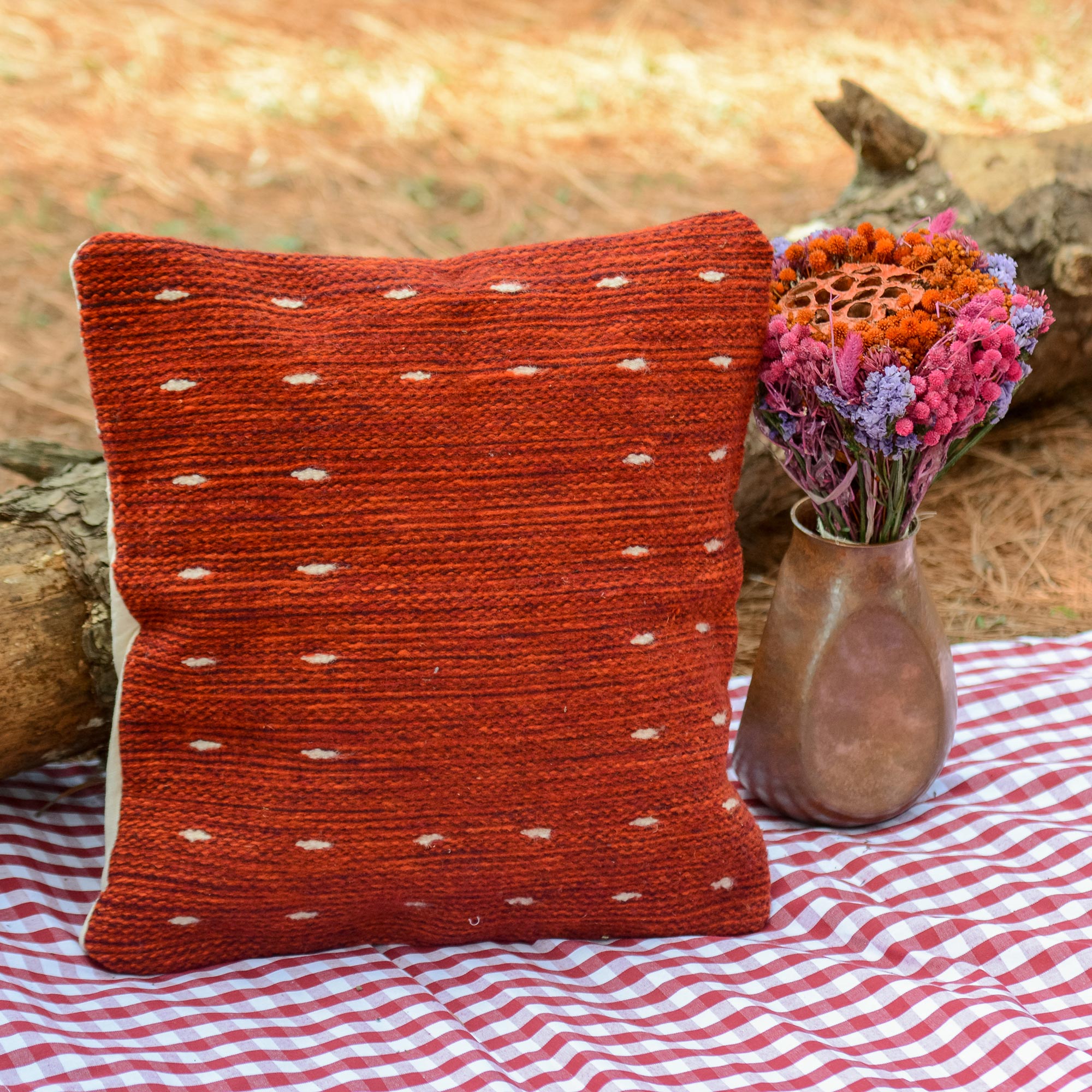 NOVICA Premium Hand-Woven Wool Throw Pillow Cover - 'Dotted Passion In Red'