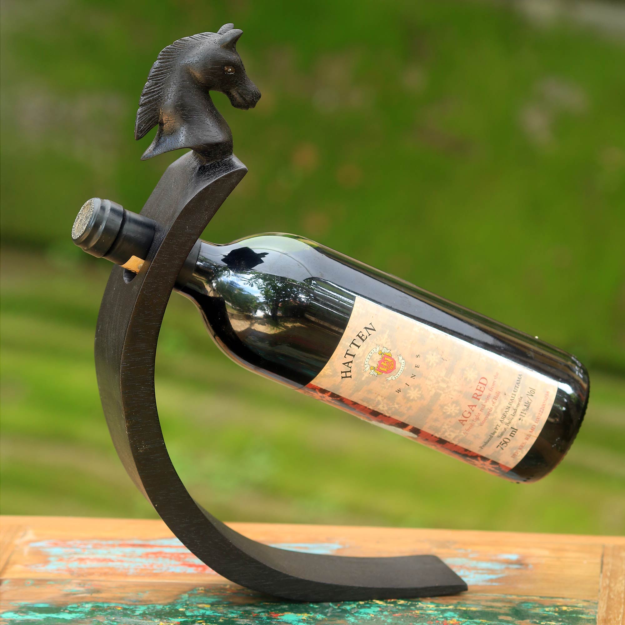 Premium Black Balinese Pony Wine Bottle Holder – Handcrafted Wooden Art Piece