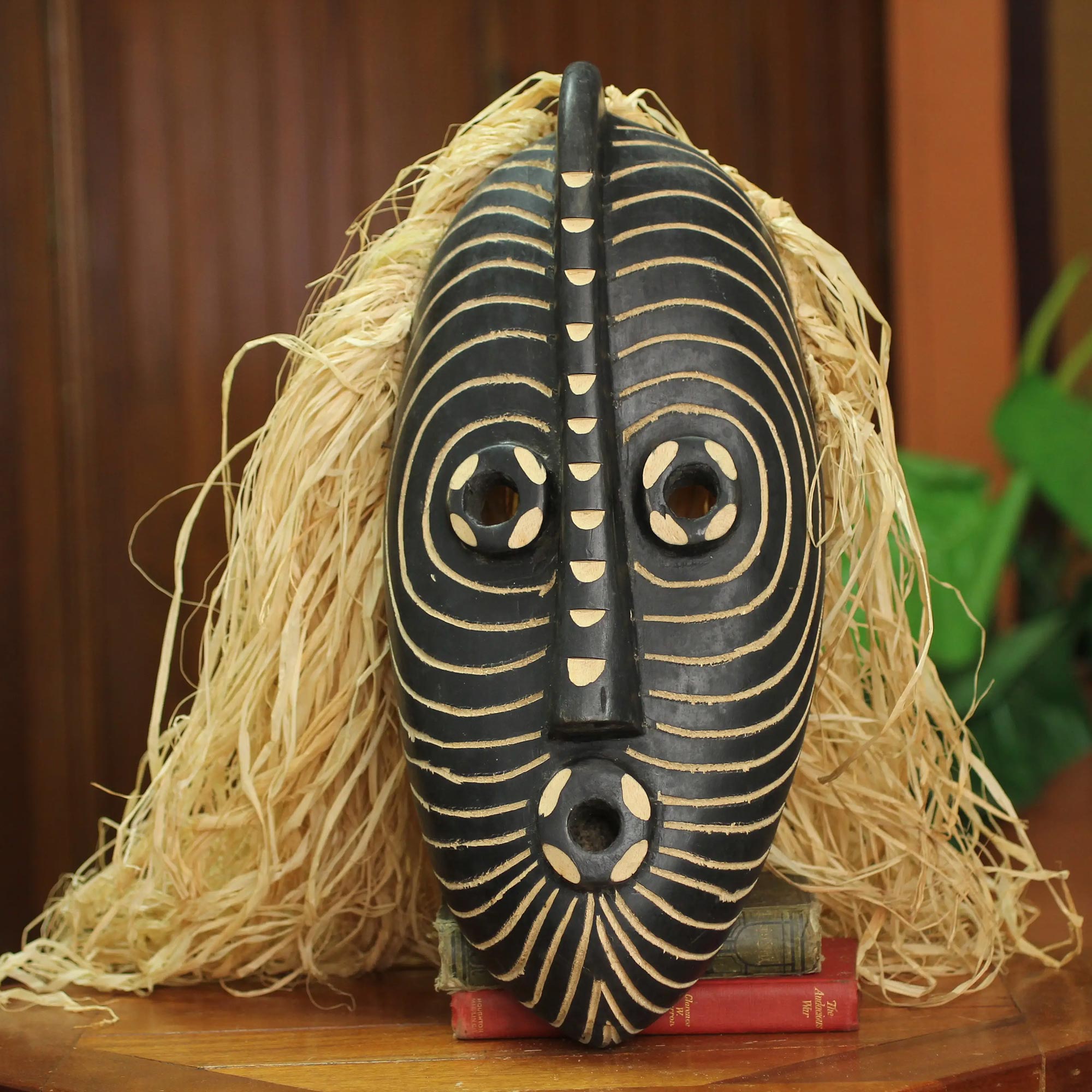 Premium Hand-Carved African Water Spirit Mask with Raffia Hair