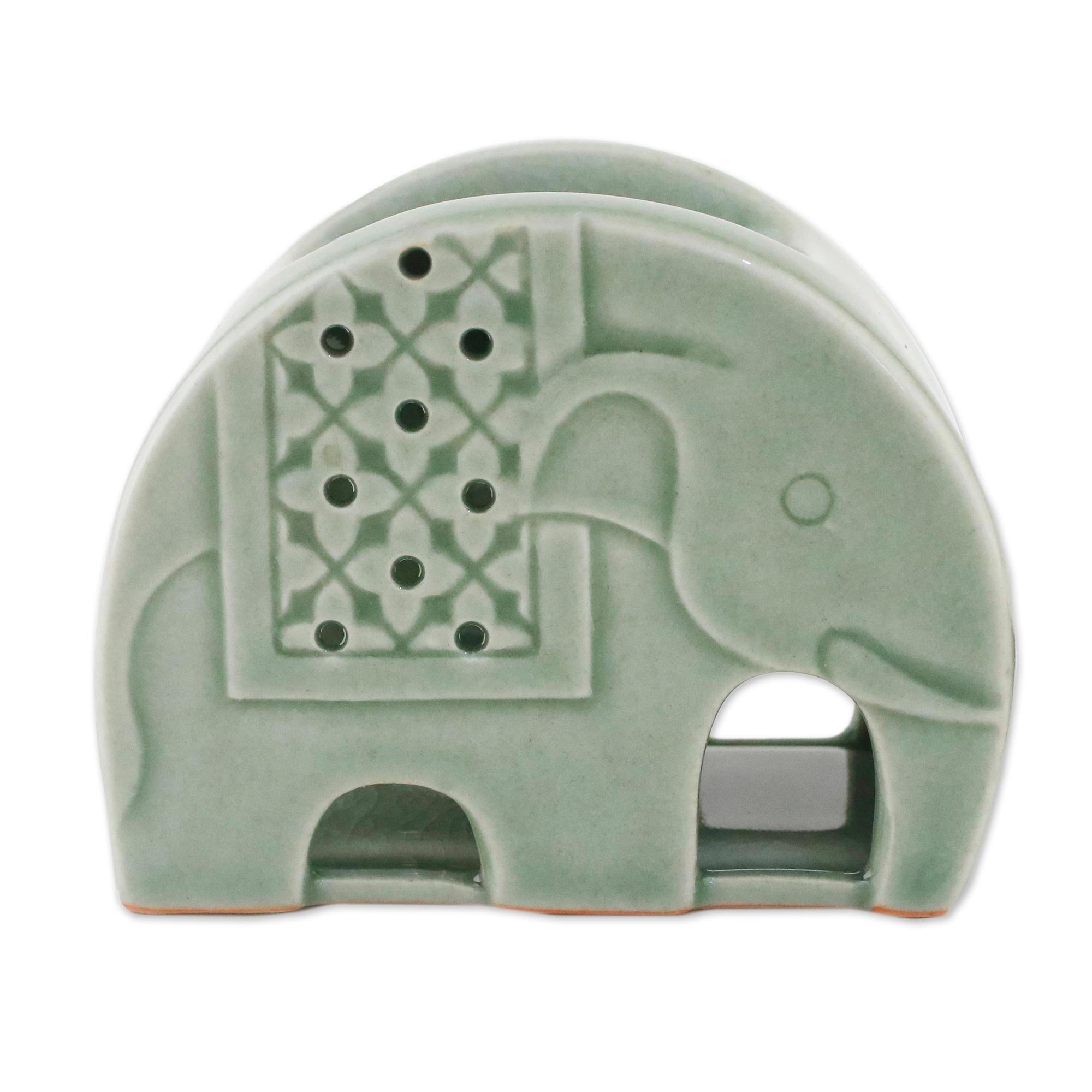 Premium Celadon Ceramic Elephant Oil Warmer - Handcrafted in Thailand