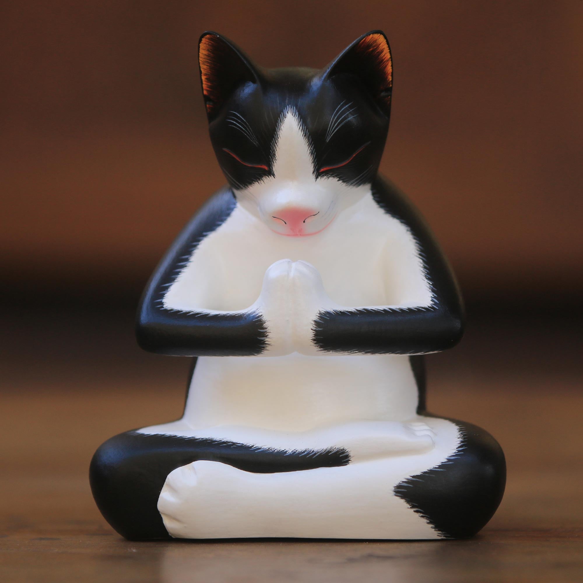 Premium Meditating Tuxedo Cat Wood Sculpture - Handcrafted in Bali
