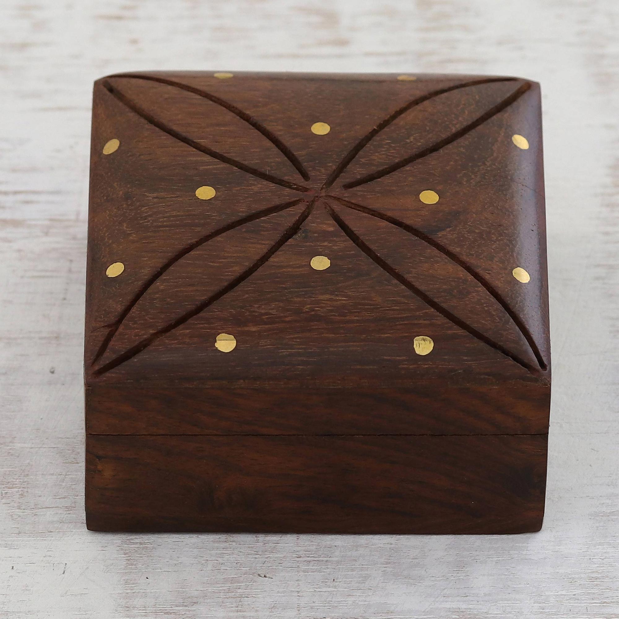 Premium Mango Wood Decorative Box with Brass Dot Inlay - Elegant Hinged-Lid Design