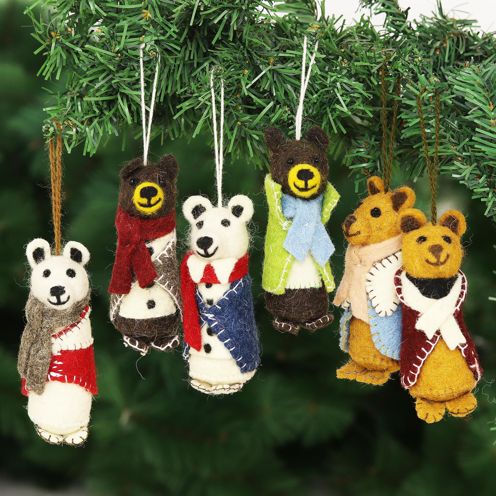 Premium Handcrafted Bear Pairs Wool & Glass Beaded Holiday Ornaments - Set of 6