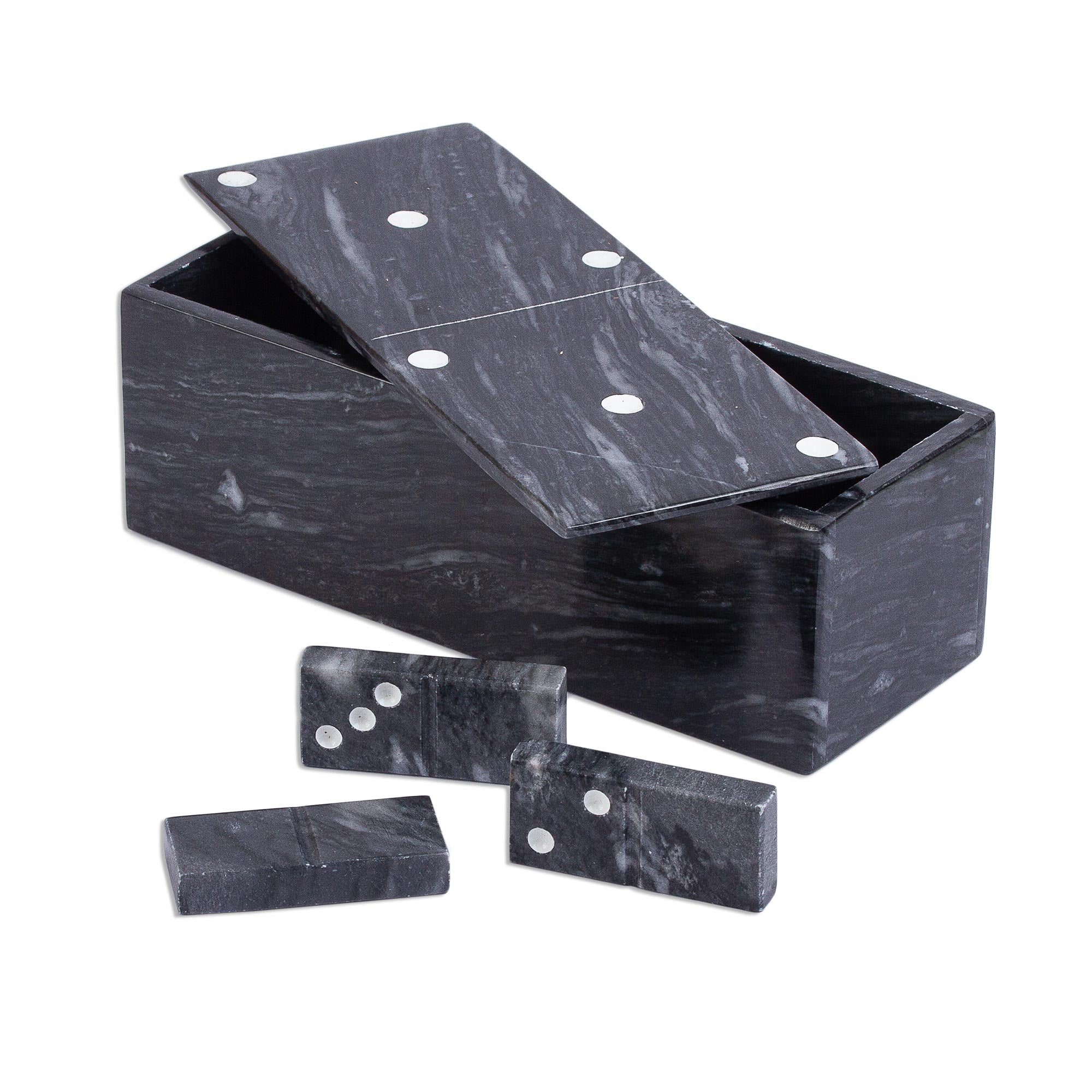 Premium Dark Grey Marble Domino Set with Elegant Storage Box (9 Inch)