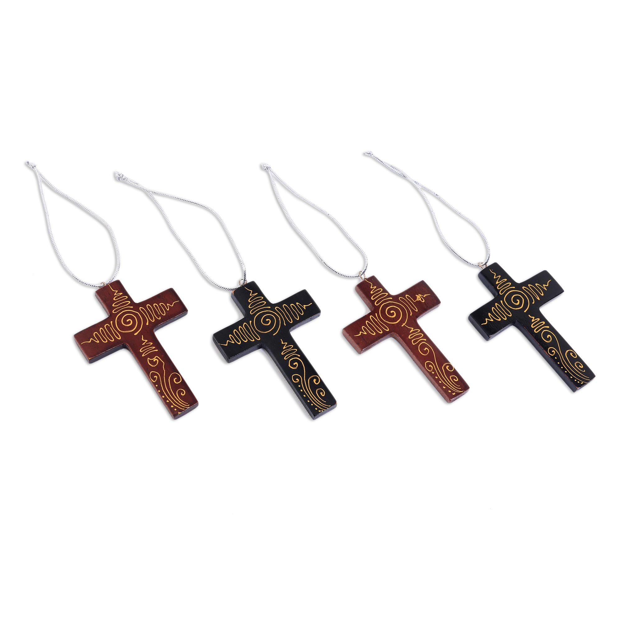 Premium Handcrafted Mahogany Cross Ornaments - Set of 4