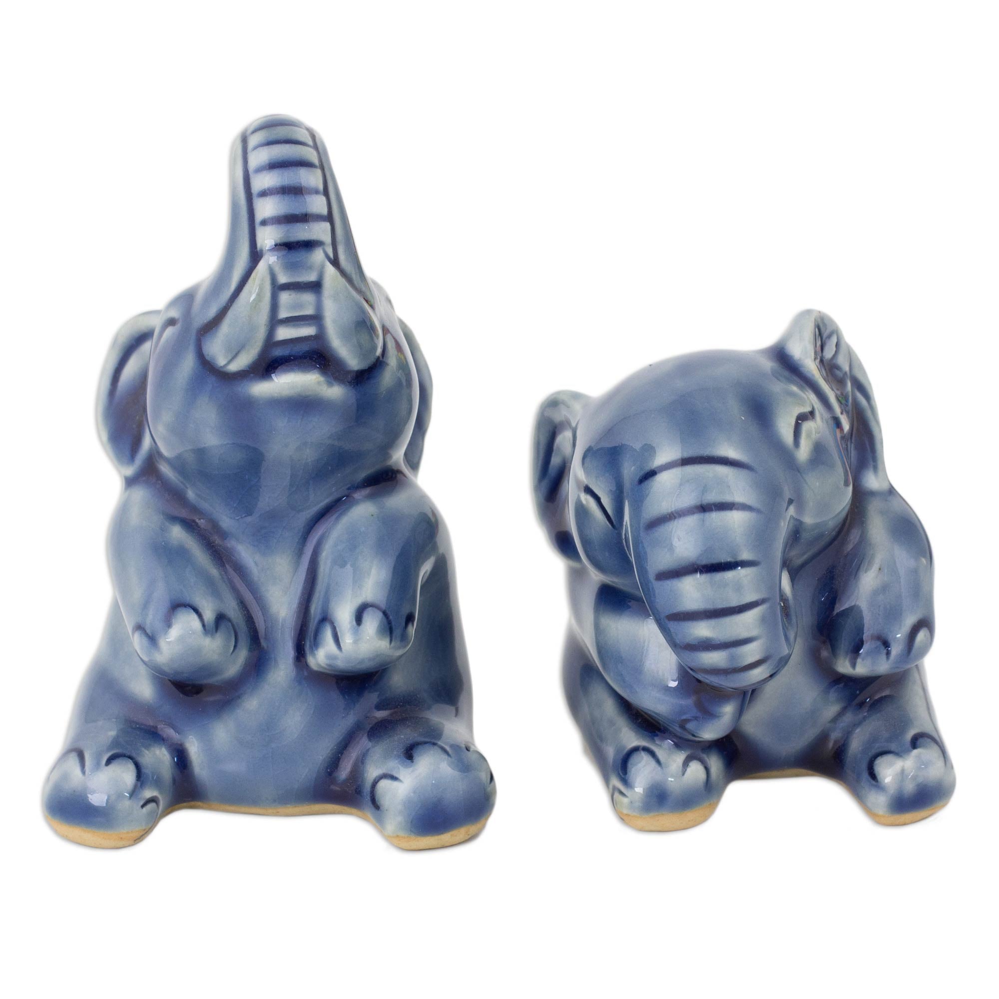 Premium Handcrafted Celadon Ceramic Elephant Sculptures - Laughing Pair