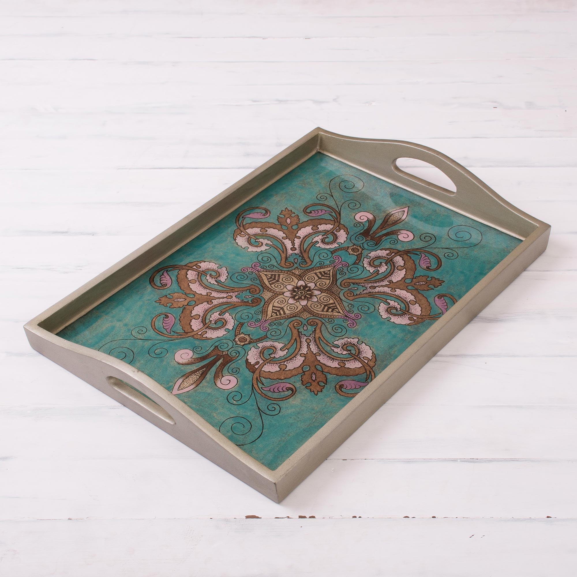 Premium Teal Floral Reverse-Painted Glass Tray – Handcrafted in Peru