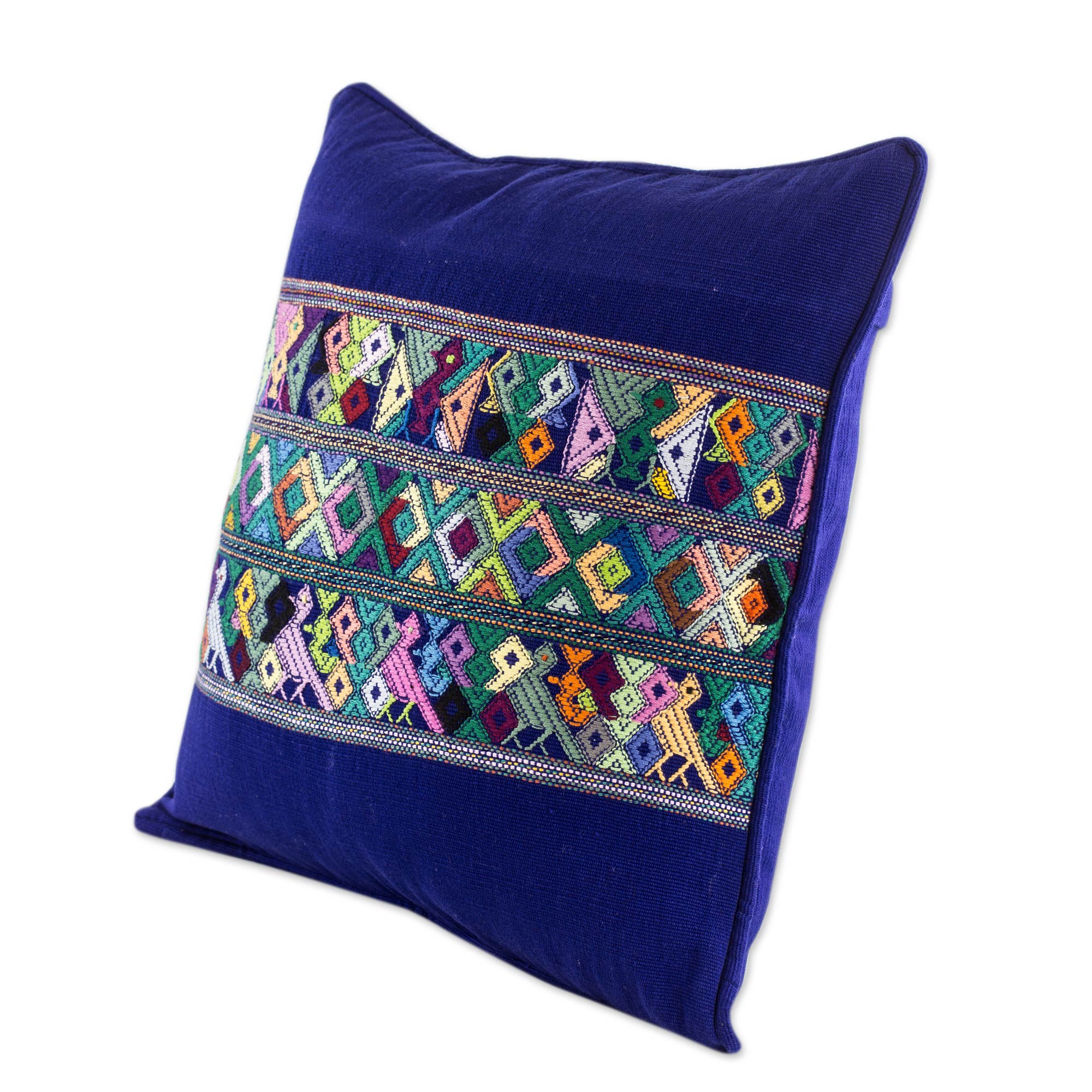 Premium Handwoven Blue Bird Cotton Cushion Cover - Quiché Maya Design