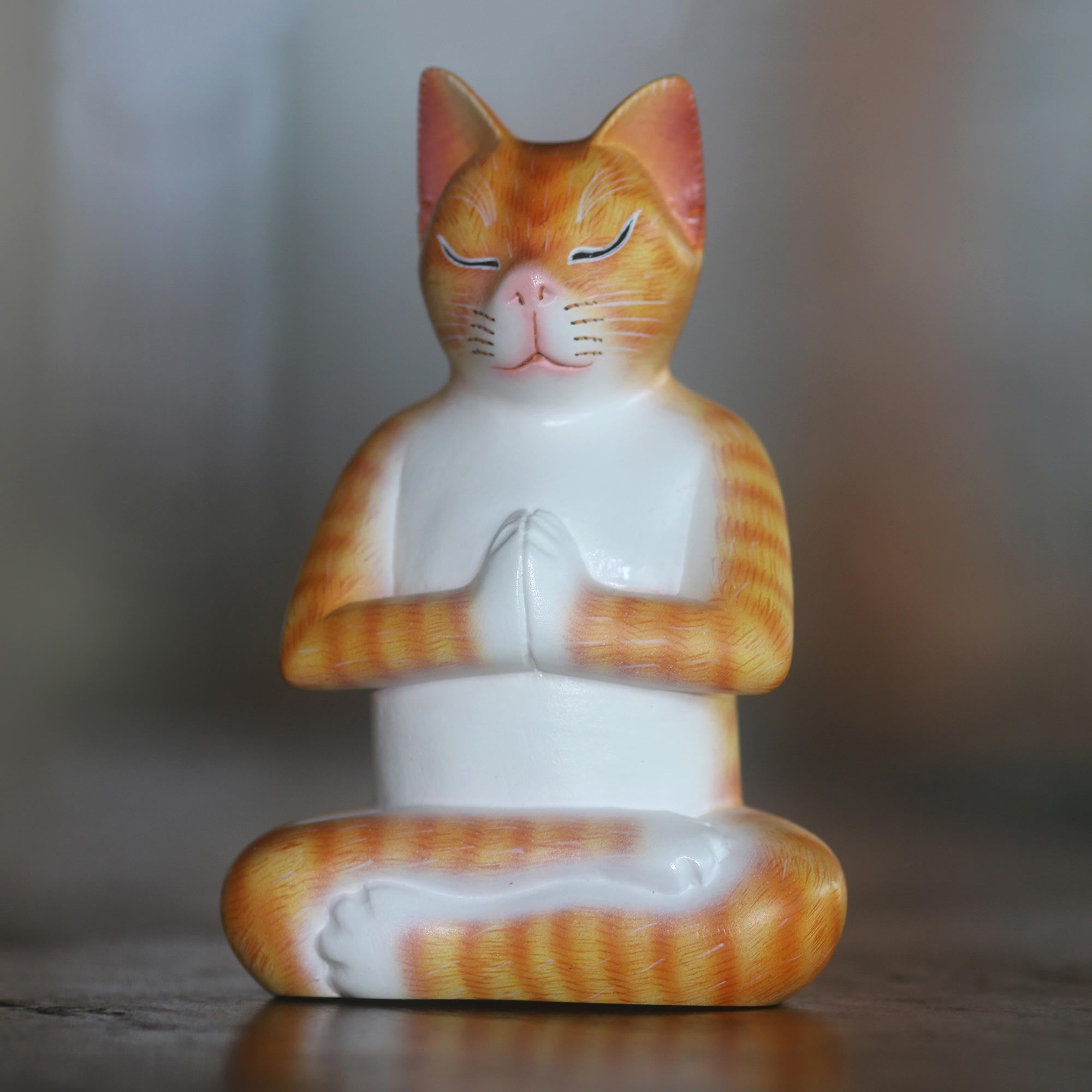 Premium Hand-Carved Meditation Cat Sculpture in Orange - Signed by Balinese Artisan