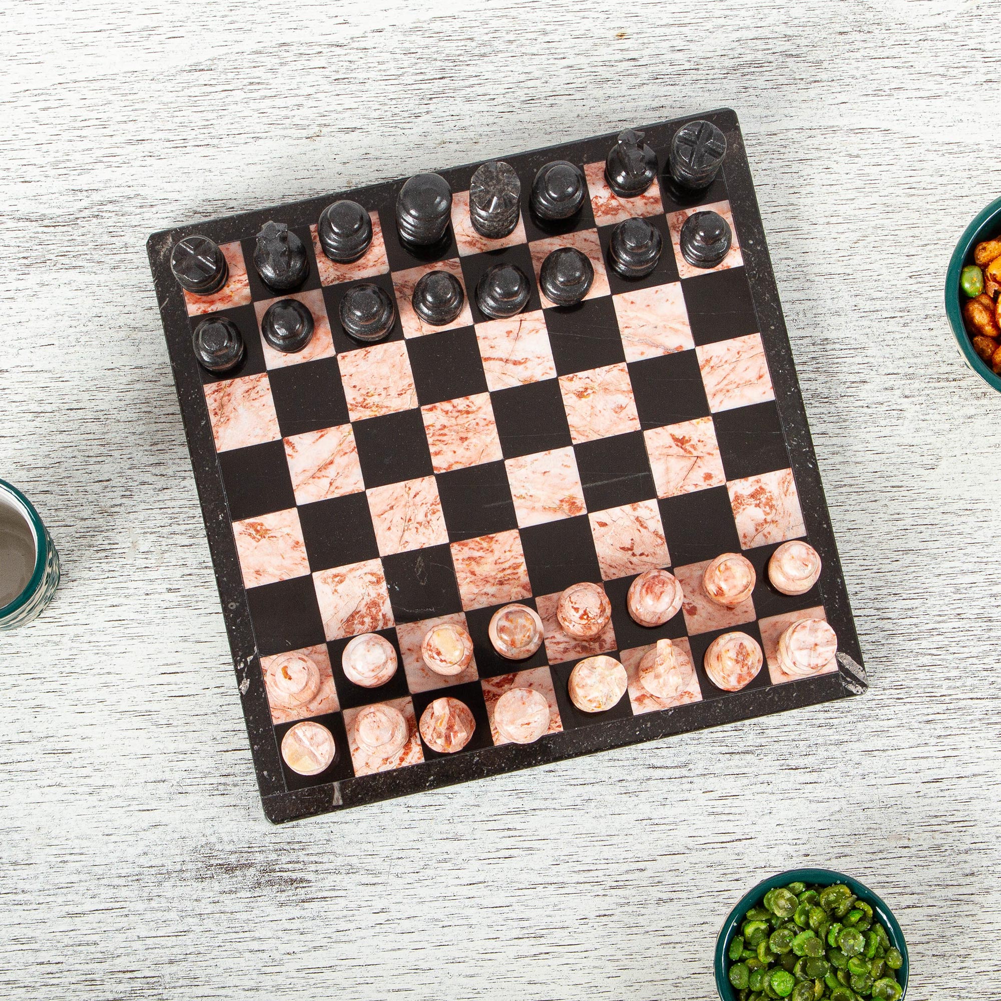 Premium Black & Pink Marble Chess Set - Handcrafted in Mexico (7.5 in.)