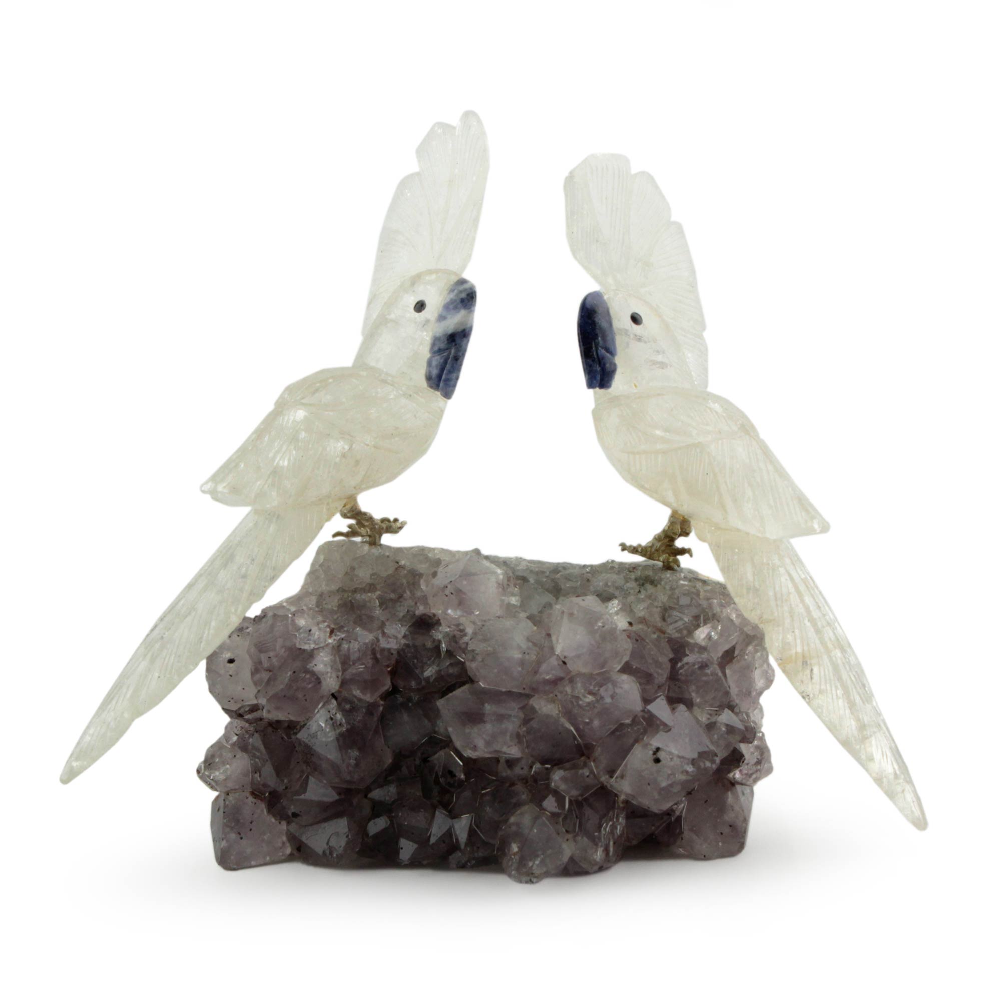 Premium Handcrafted Cockatoo Couple Sculpture - Quartz & Amethyst Gemstone Art