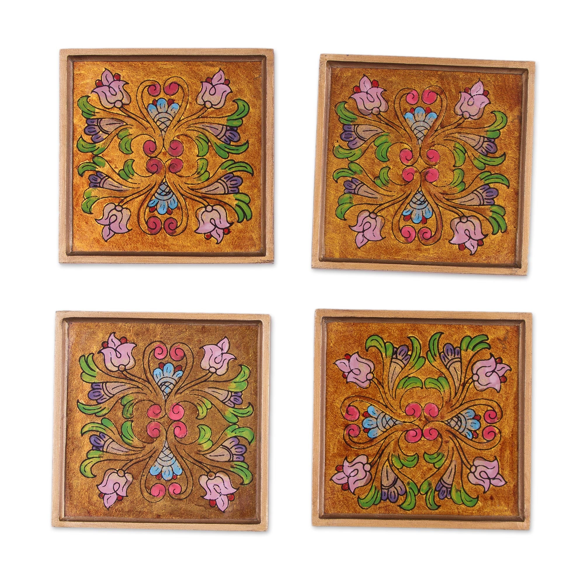 Premium Floral Gold Reverse Painted Glass Coasters - Set of 4 | Handcrafted in Peru