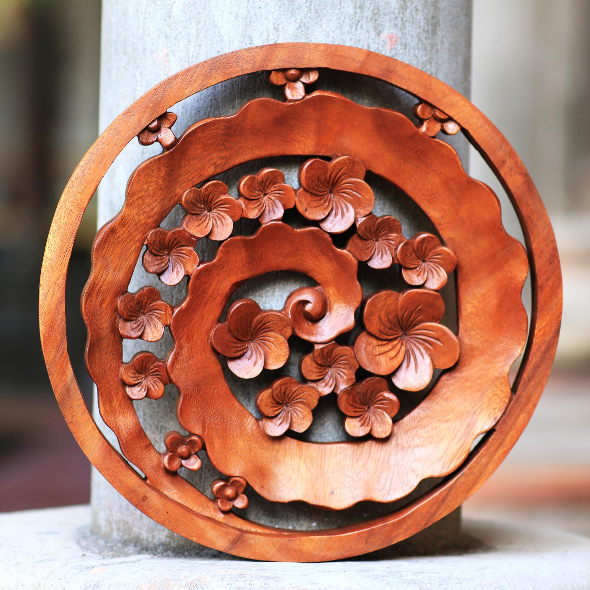 Premium Hand-Carved Suar Wood Floral Relief Panel from Bali