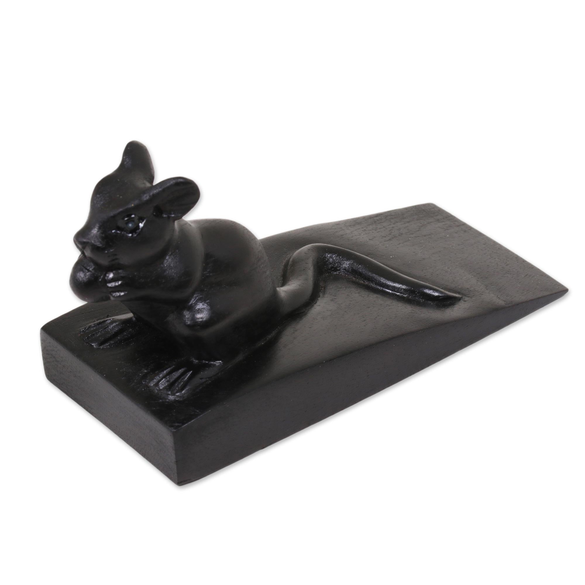 Premium Hand-Carved Black Suar Wood Mouse Door Stopper - Balinese Artisan Craft