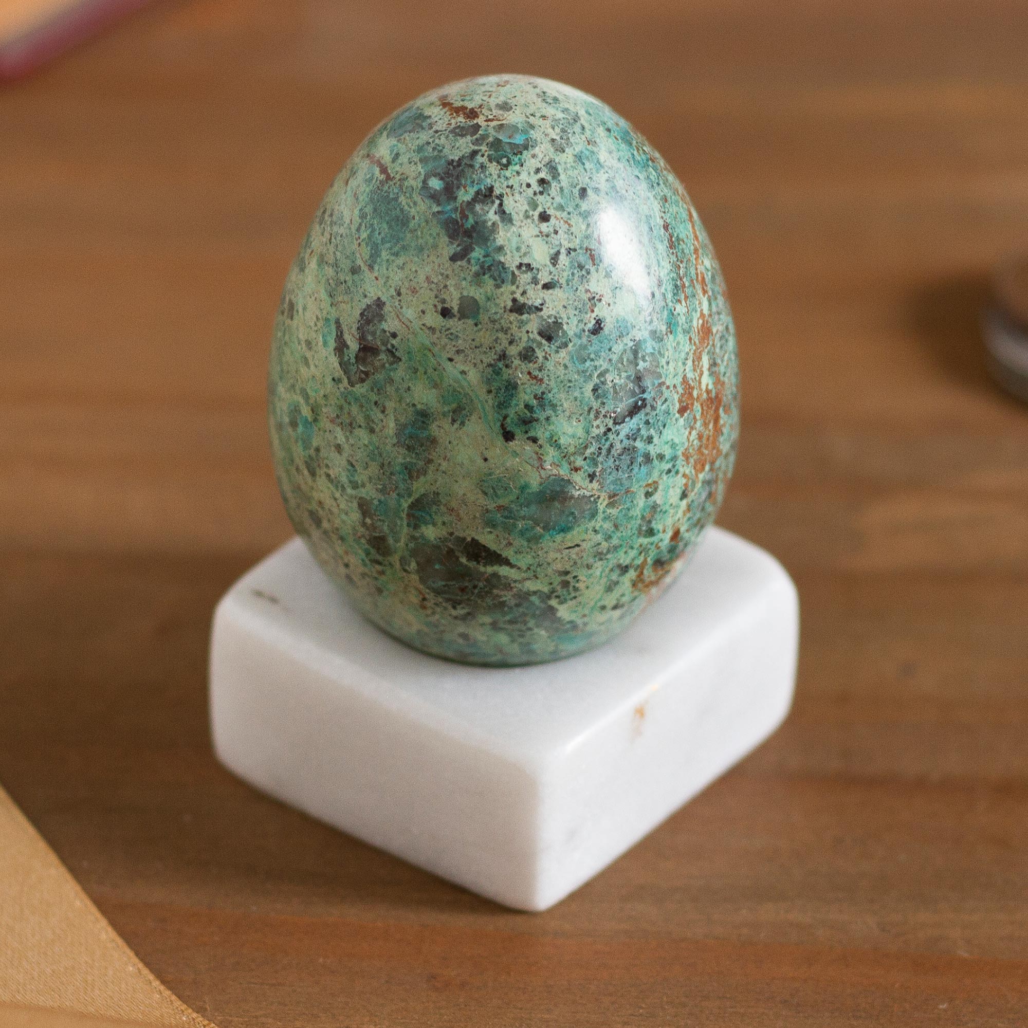 Premium Calming Ovus Chrysocolla Gemstone Figurine from Peru - Handcrafted Home Decor