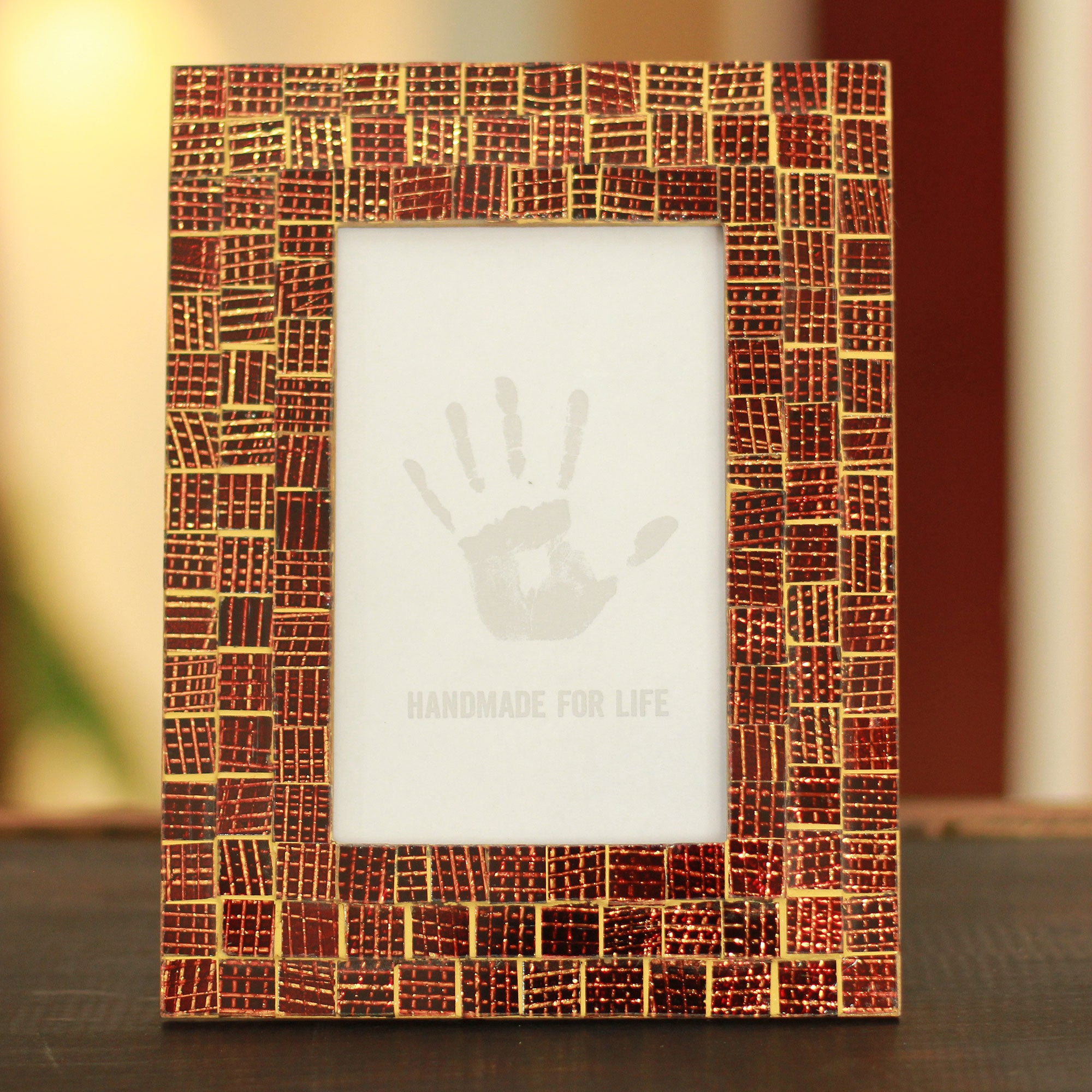 Premium Golden Wine Mosaic Wood Glass Frame - Handcrafted Elegance