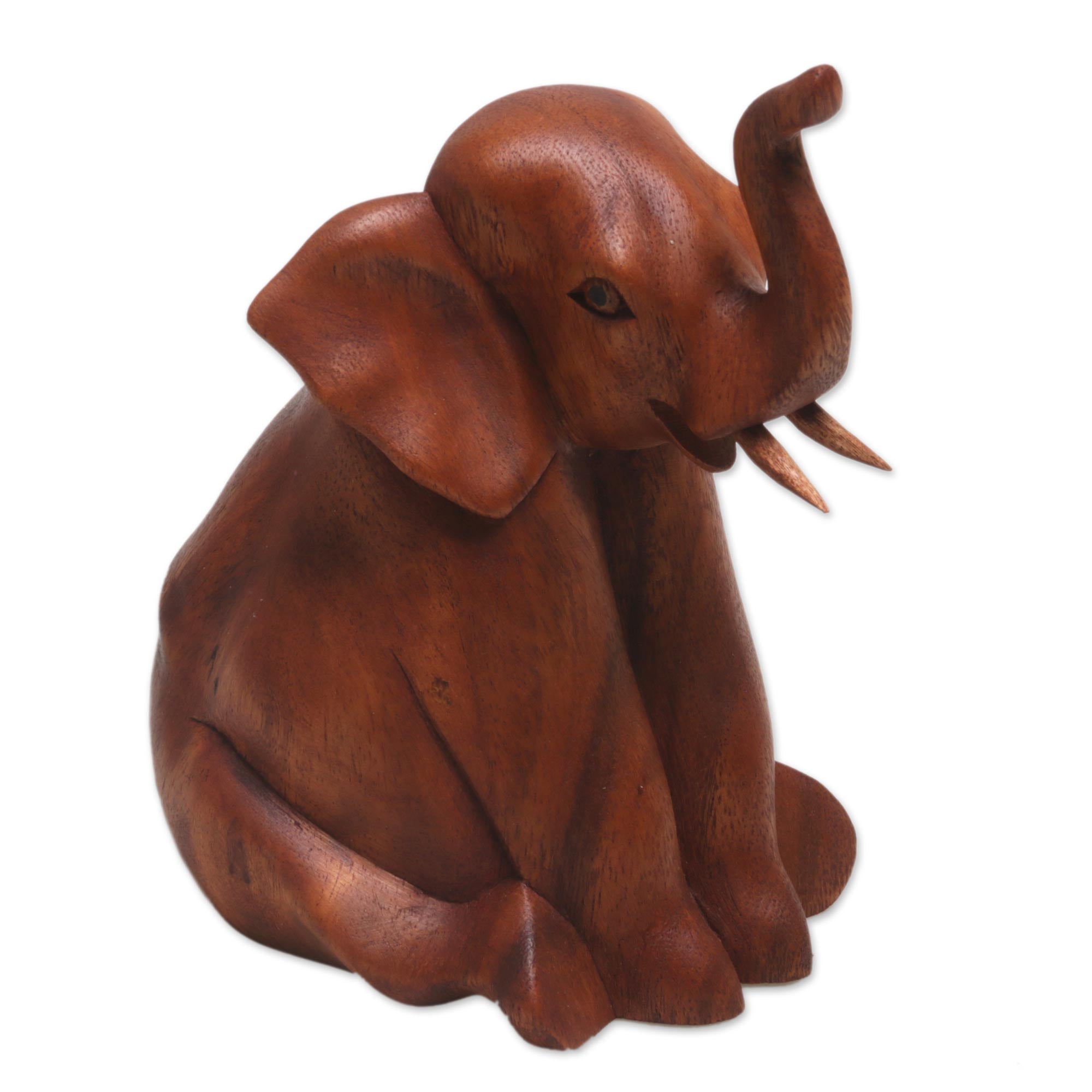 Premium Hand-Carved Suar Wood Baby Elephant Sculpture - Artisan Signed