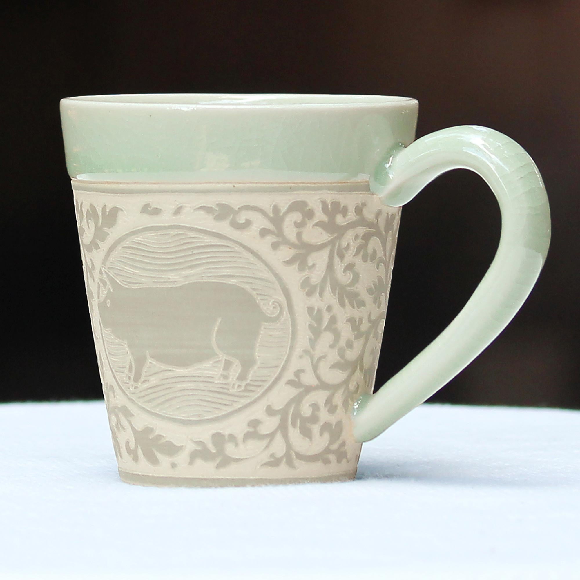 Premium Thai Zodiac Pig Celadon Mug – Handcrafted Ceramic with Elegant Design