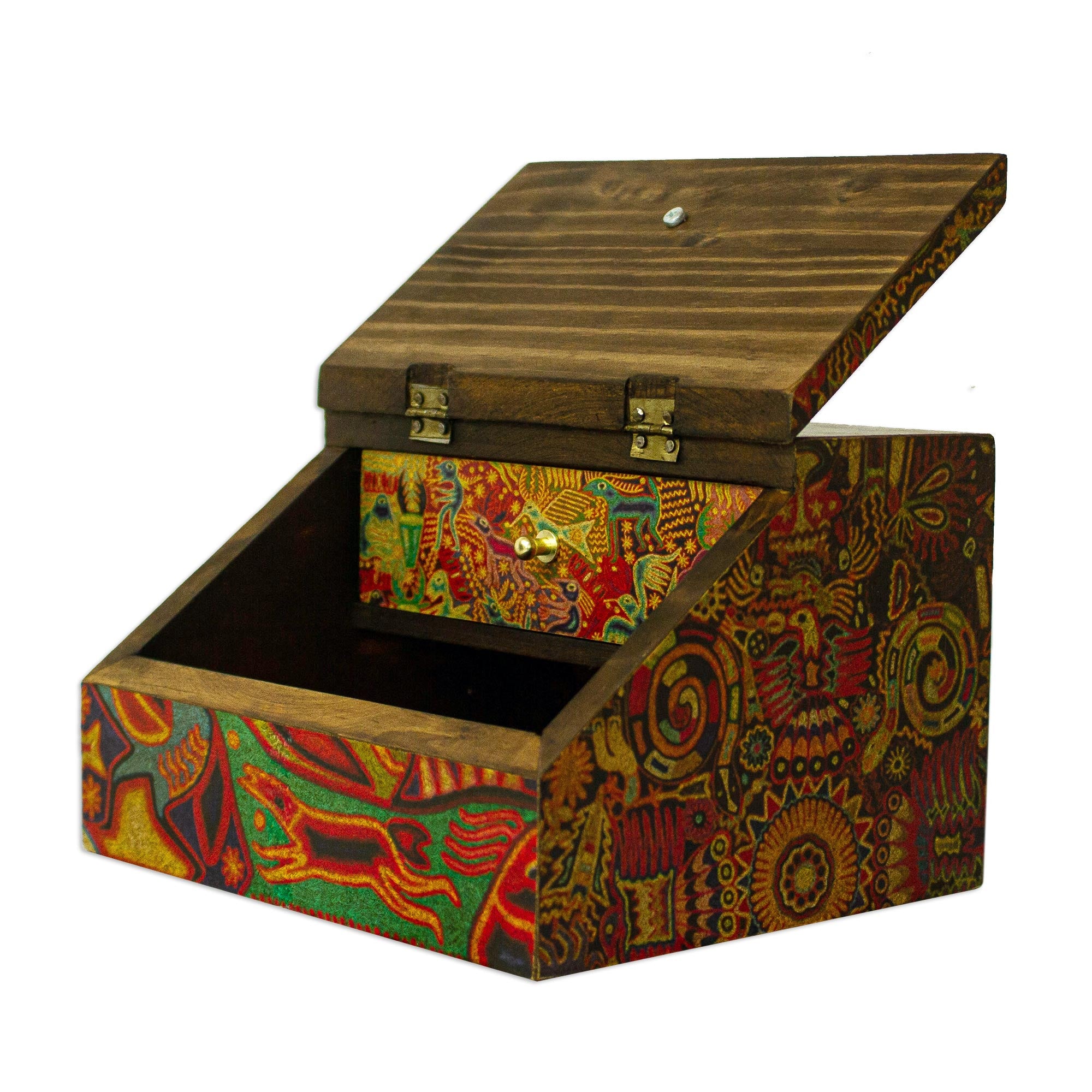 Premium Huichol Art Jewelry Box - Handcrafted 6-Inch Wooden Keepsake