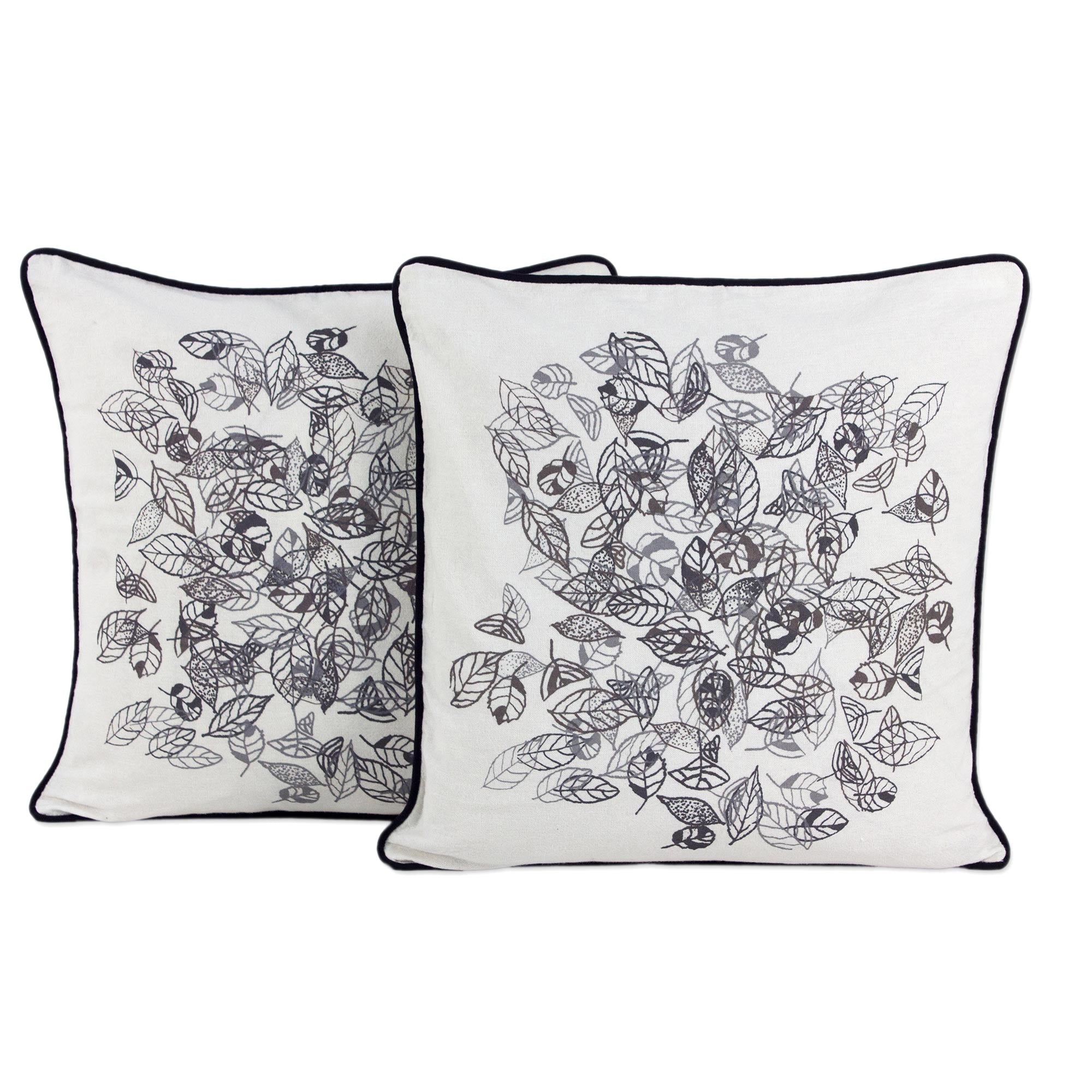 Premium Fair Trade Cotton Cushion Covers with Leaf Motif - Autumn Elegance (Pair)