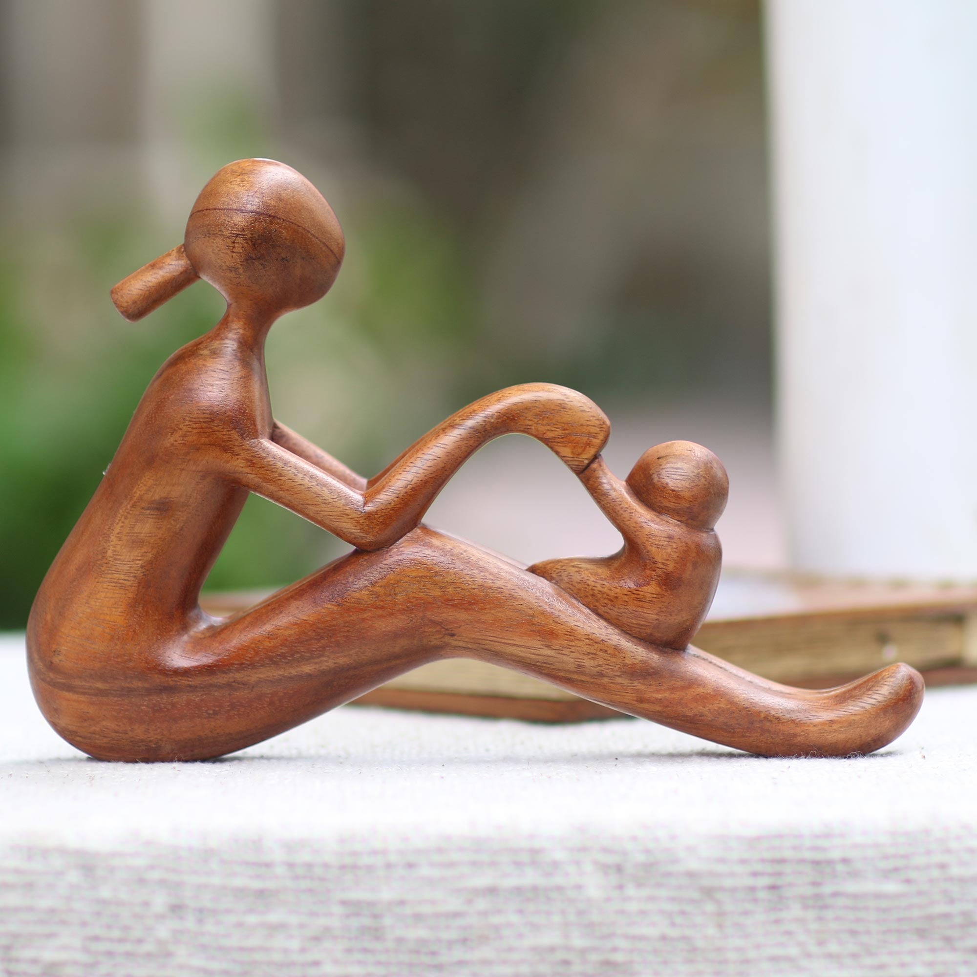 Premium Hand-Carved Mother & Child Suar Wood Sculpture from Bali