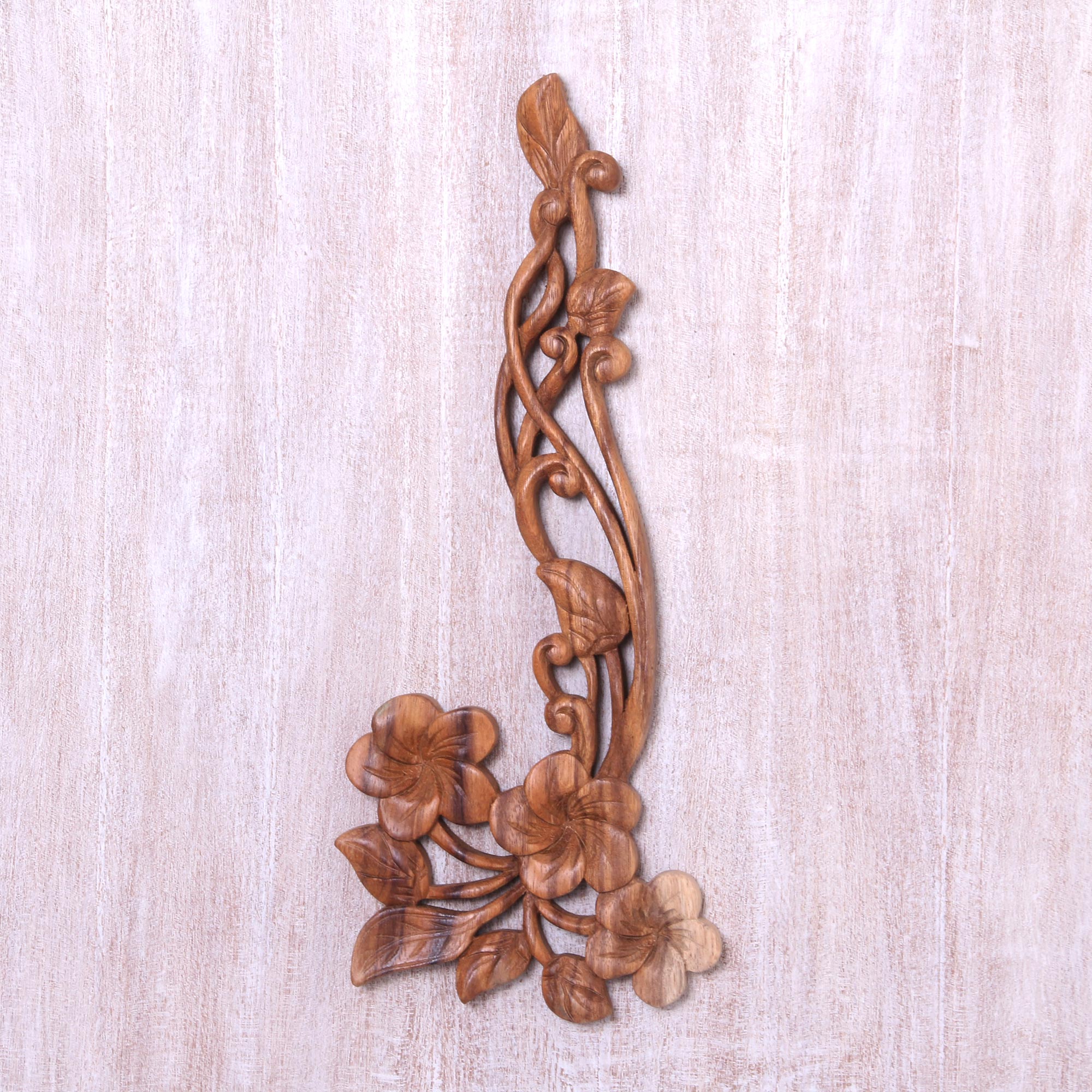 Premium Hand-Carved Frangipani Floral Suar Wood Wall Art Panel