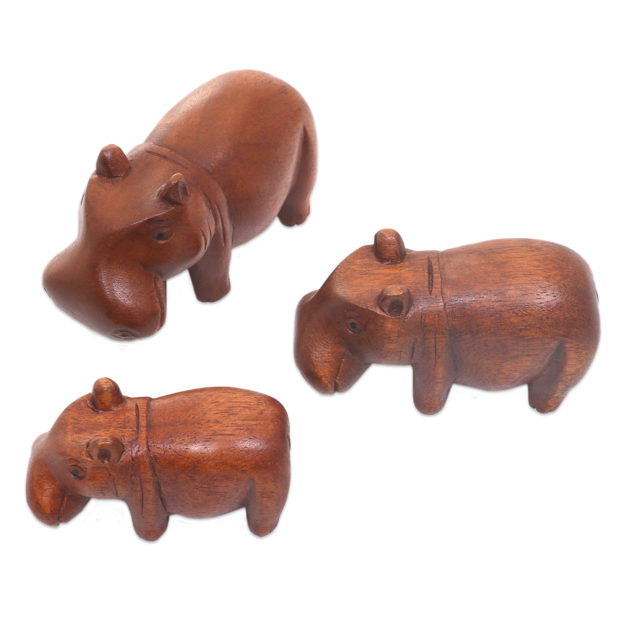 Premium Handcrafted Hippo Sculpture Trio – Natural Suar Wood Artisan Set