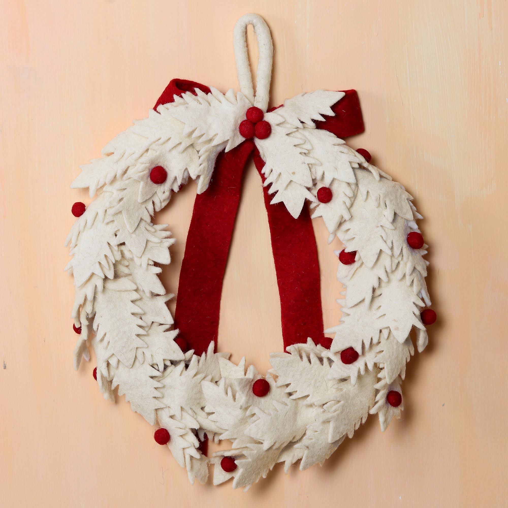 Premium Handcrafted Ivory Wool Christmas Wreath with Red Pom Poms