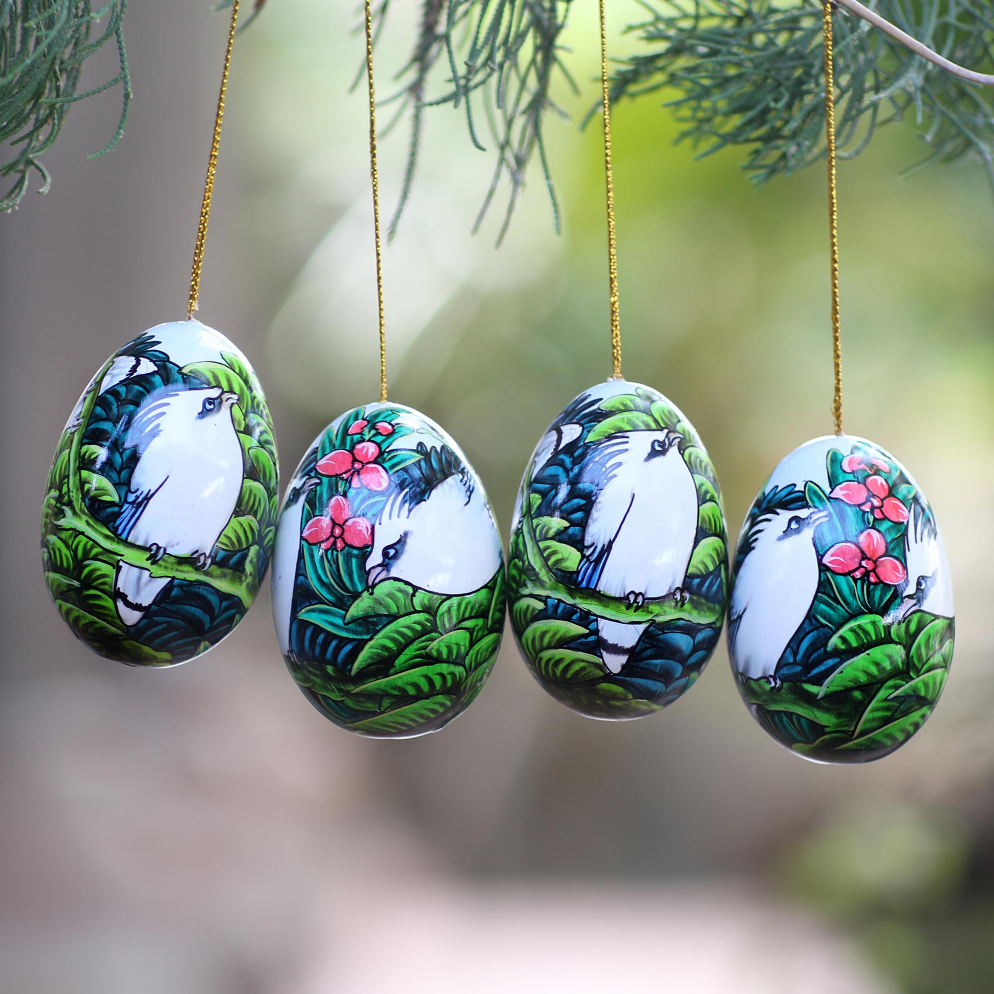 Premium Hand-Painted Jalak Forest Ornaments from Bali - Set of 4