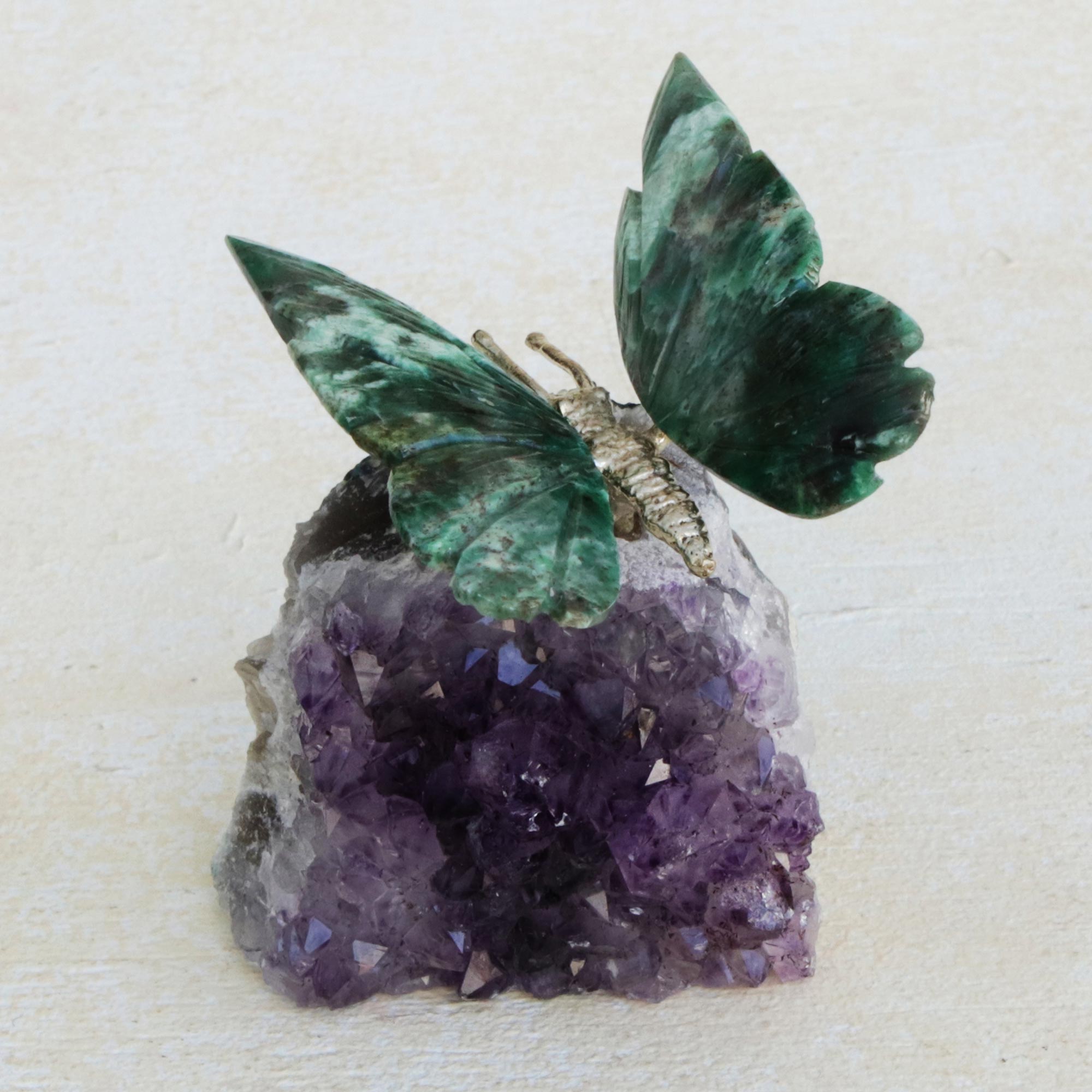 Premium Forest Wings Butterfly Gemstone Sculpture - Serpentinite & Amethyst