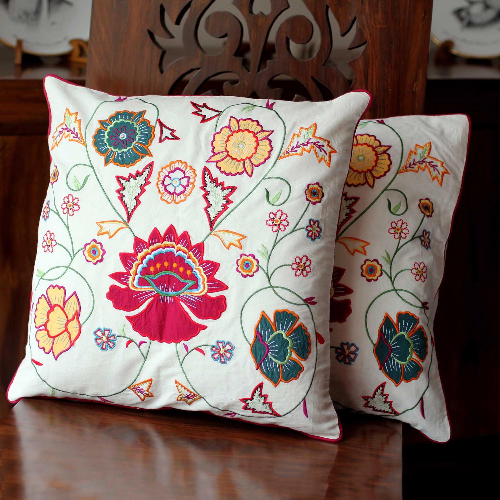 Premium Eternal Spring Embroidered Cotton Cushion Covers (Set of 2)