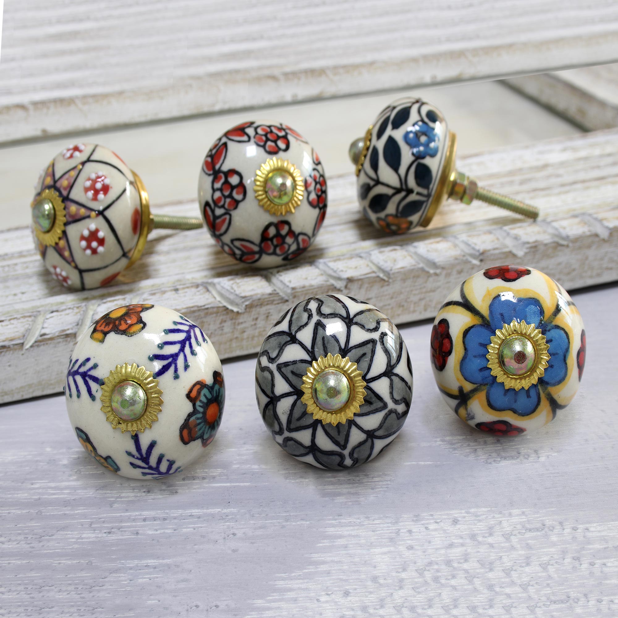 Premium Handcrafted Floral Ceramic Knobs - Harmonious Indian Design (Set of 6)