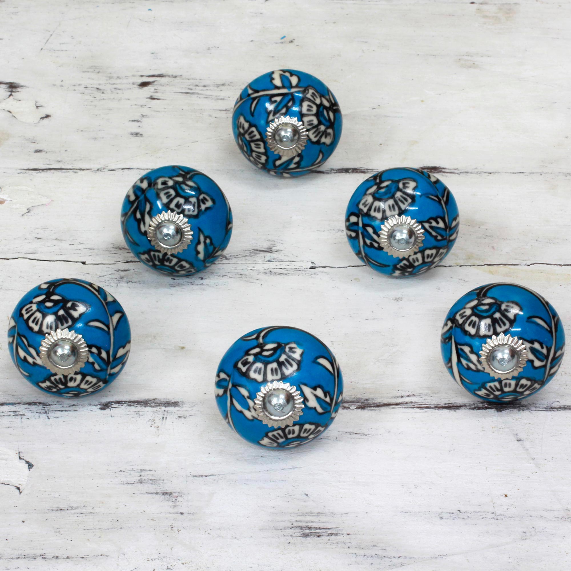Premium Handcrafted Blue Floral Ceramic Cabinet Knobs - Set of 6