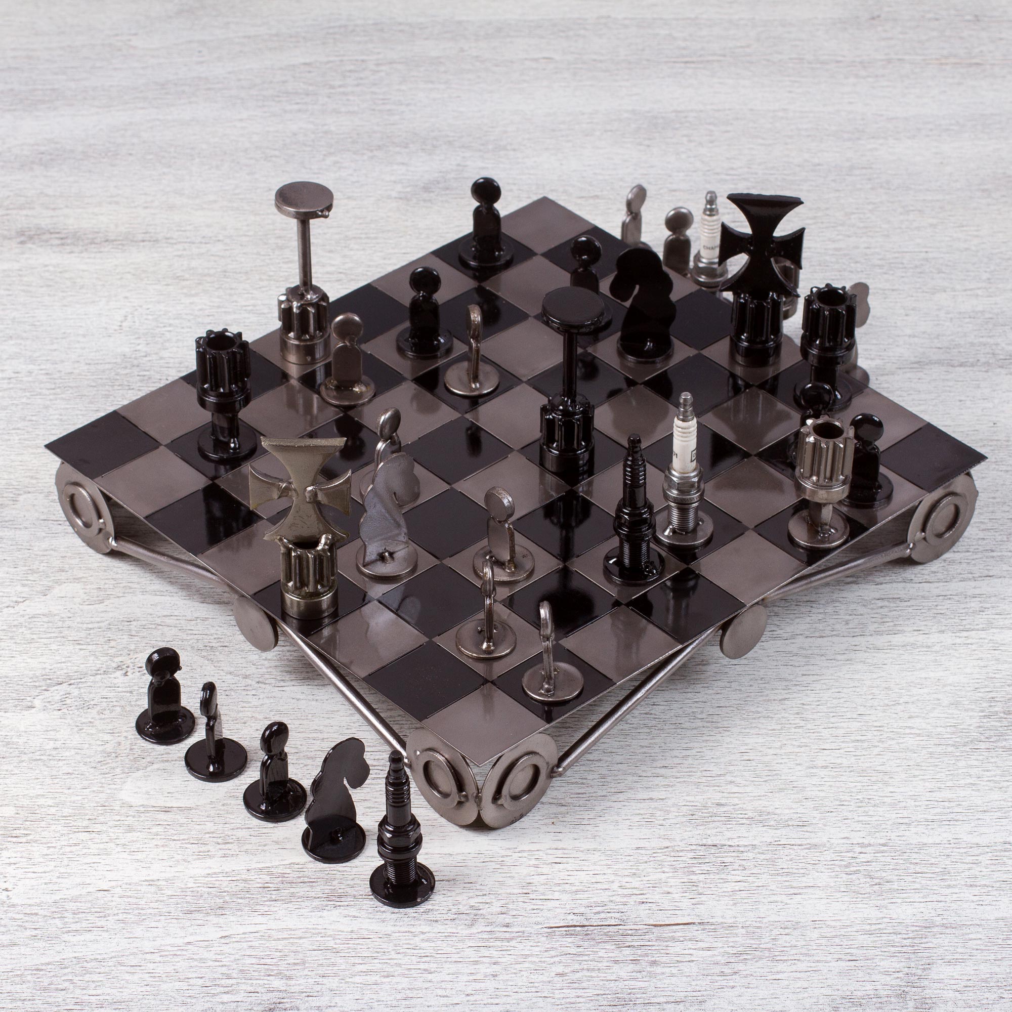 Premium Recycled Metal Chess Set - Handcrafted Artisan Design