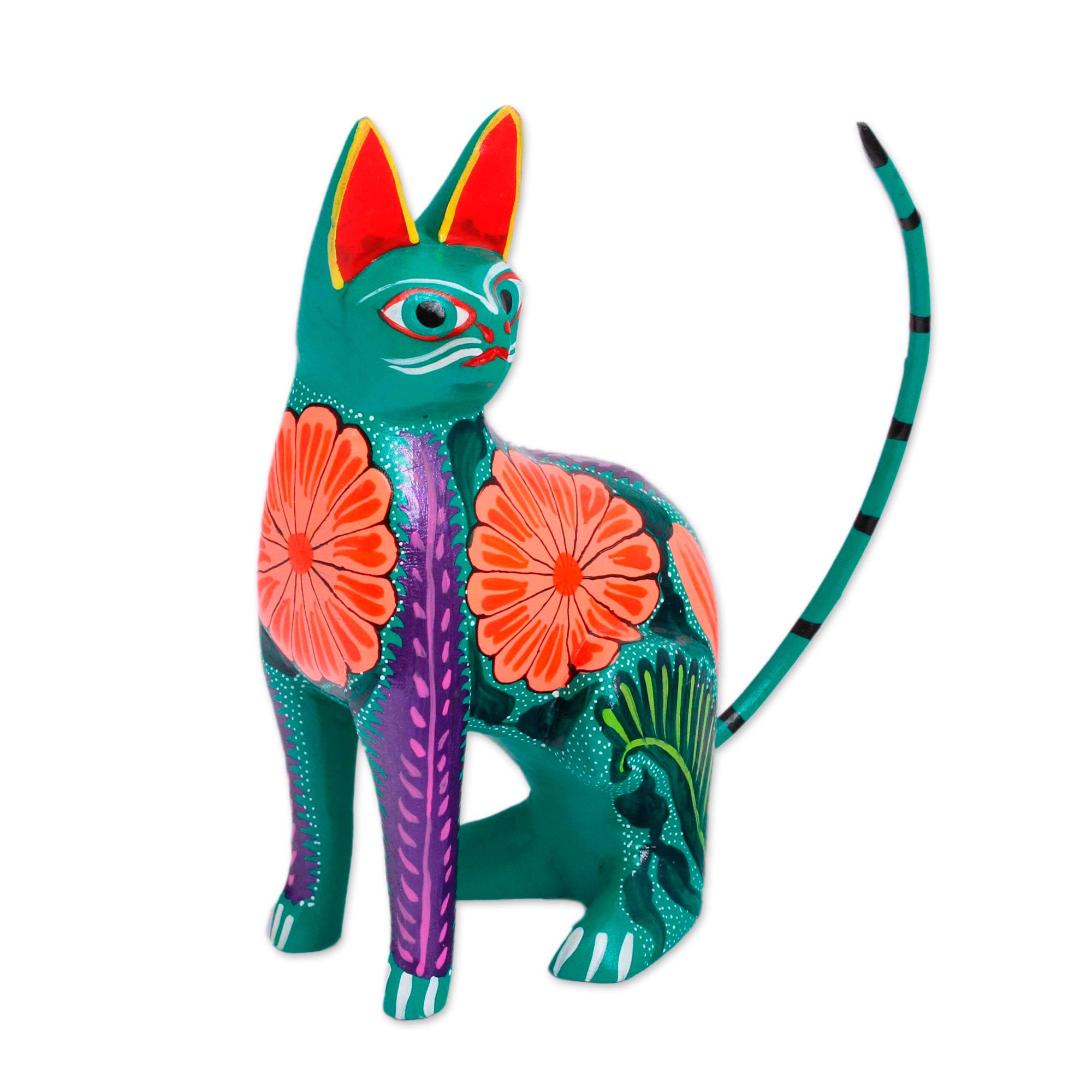 Premium Handcrafted Floral Alebrije Cat Figurine - Authentic Mexican Artisan Craft