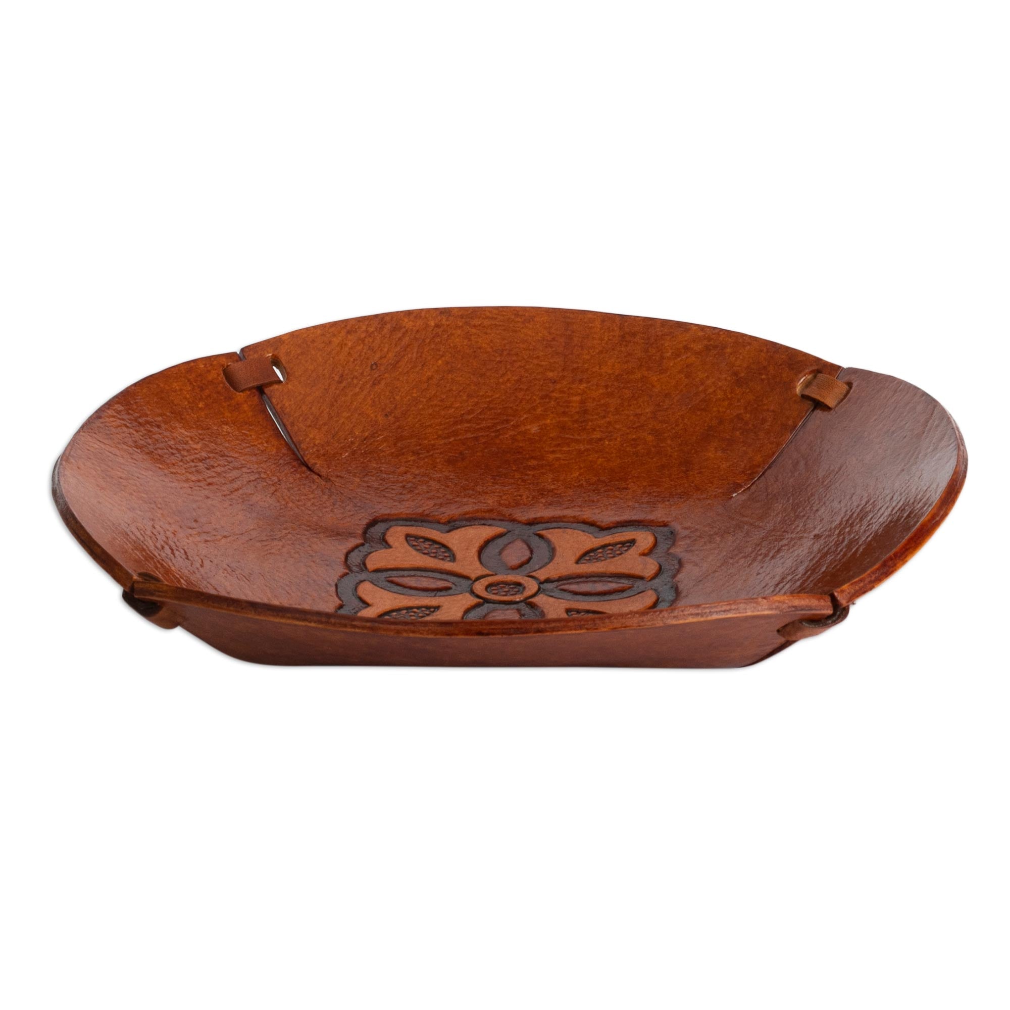 Premium Colonial Florals Brown Leather Catchall Plate - Handcrafted in Peru