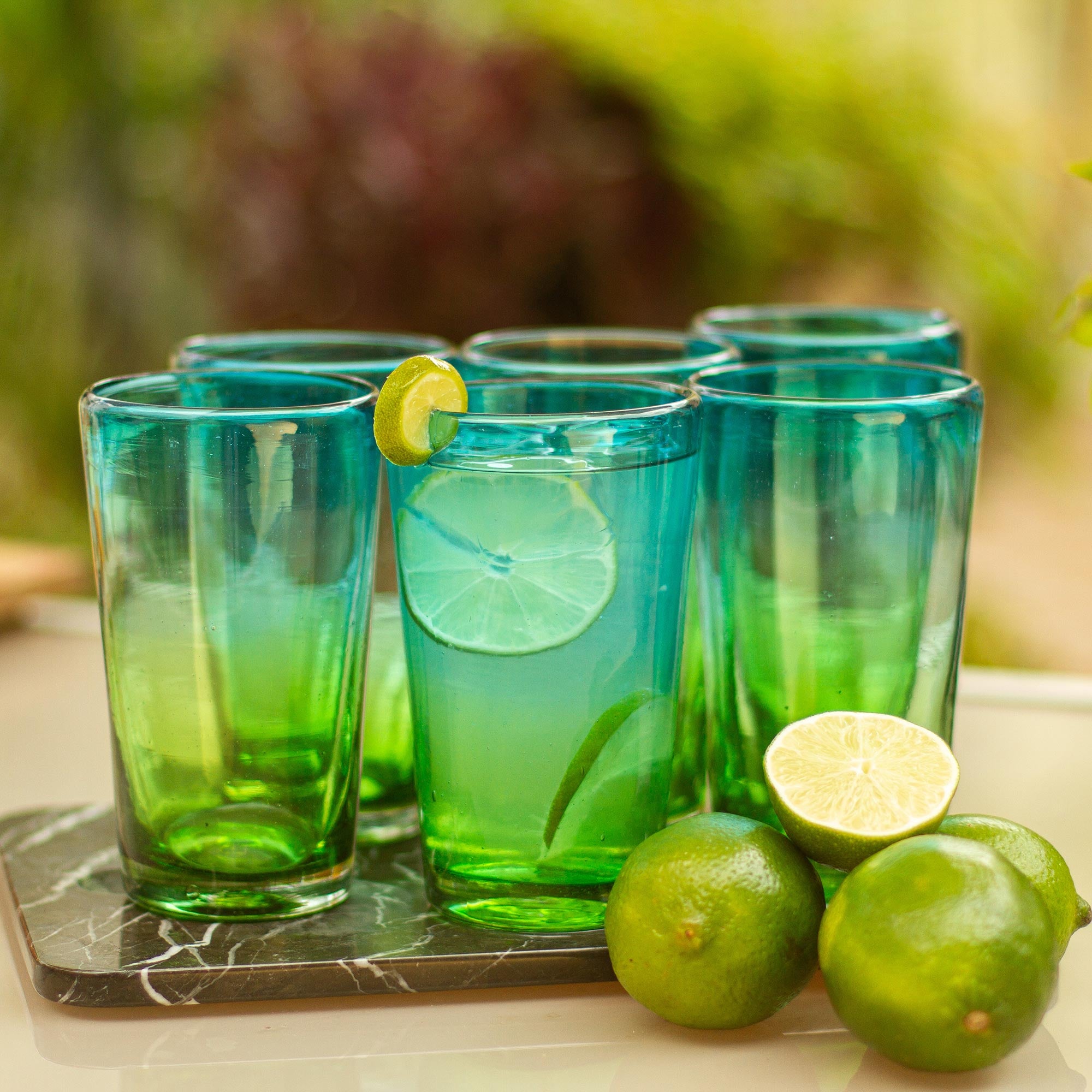 Premium Aurora Tapatia 6-Piece Handcrafted Blue Green Blown Glass Highball Set