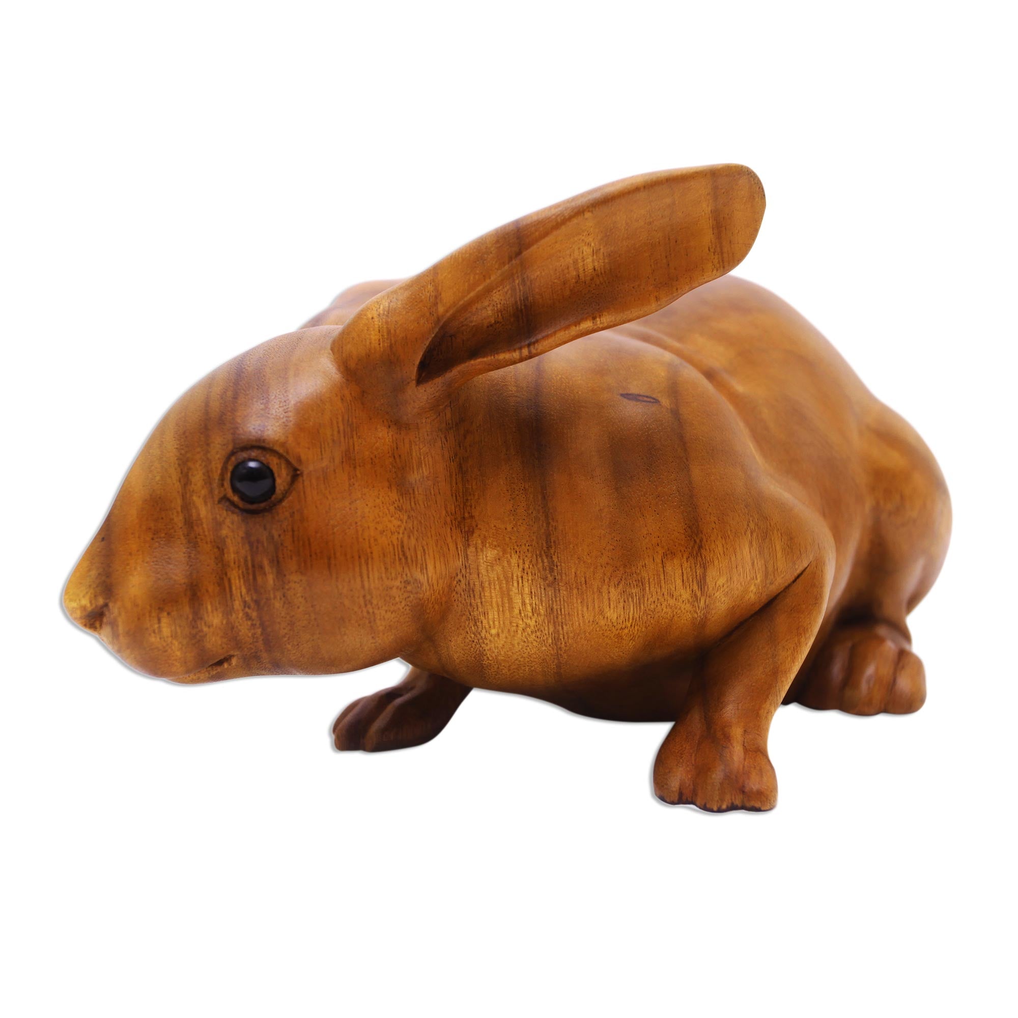Premium Suar Wood Rabbit Sculpture with Onyx Eyes – Handcrafted Elegance