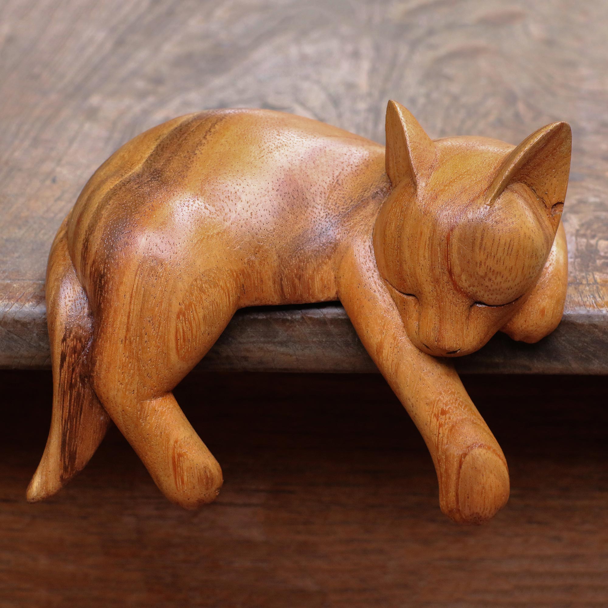 Premium Hand-Crafted Suar Wood Sleeping Cat Sculpture from Bali - Natural Finish