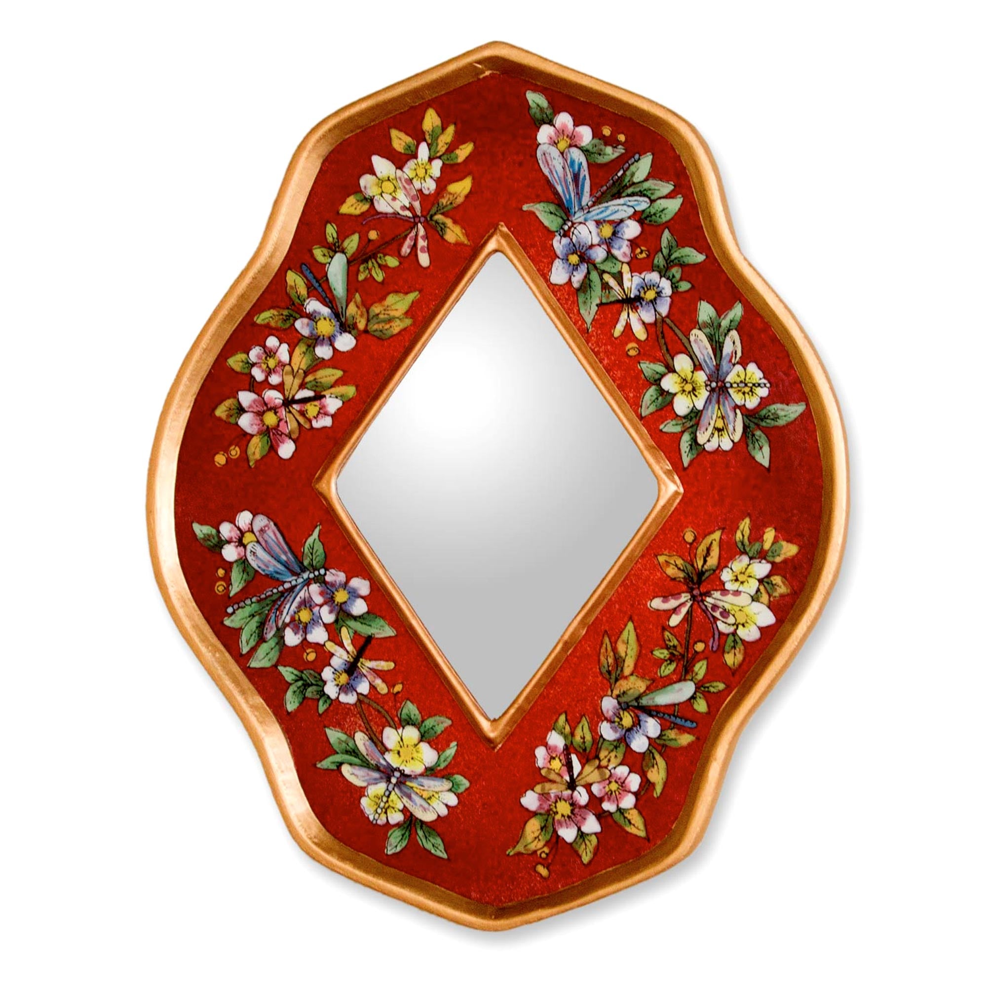 Premium Crimson Garden Reverse Painted Glass Wall Mirror - Handcrafted Artisan Decor