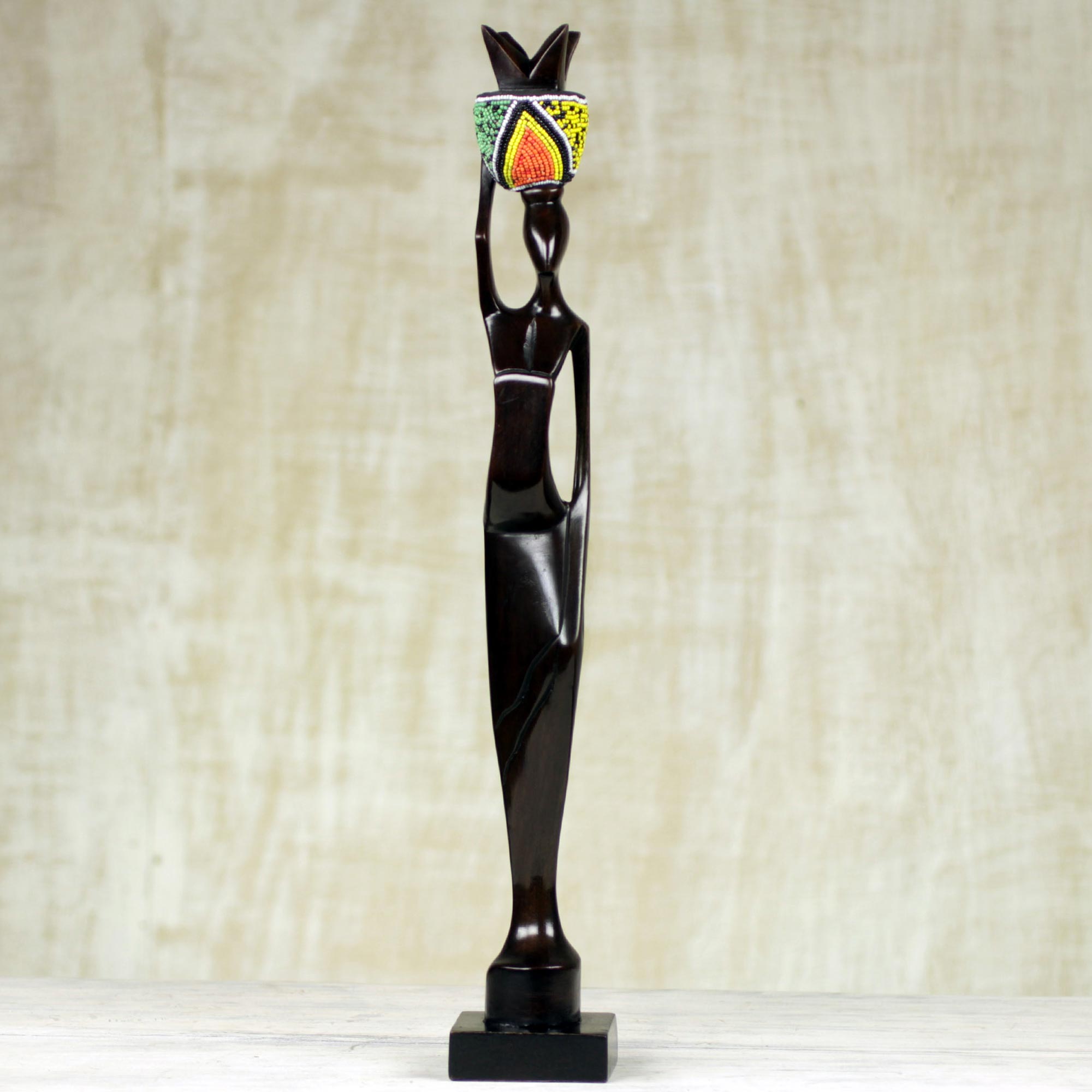 Premium Handcrafted Ghanaian Ebony Wood & Recycled Glass Sculpture - Akatua