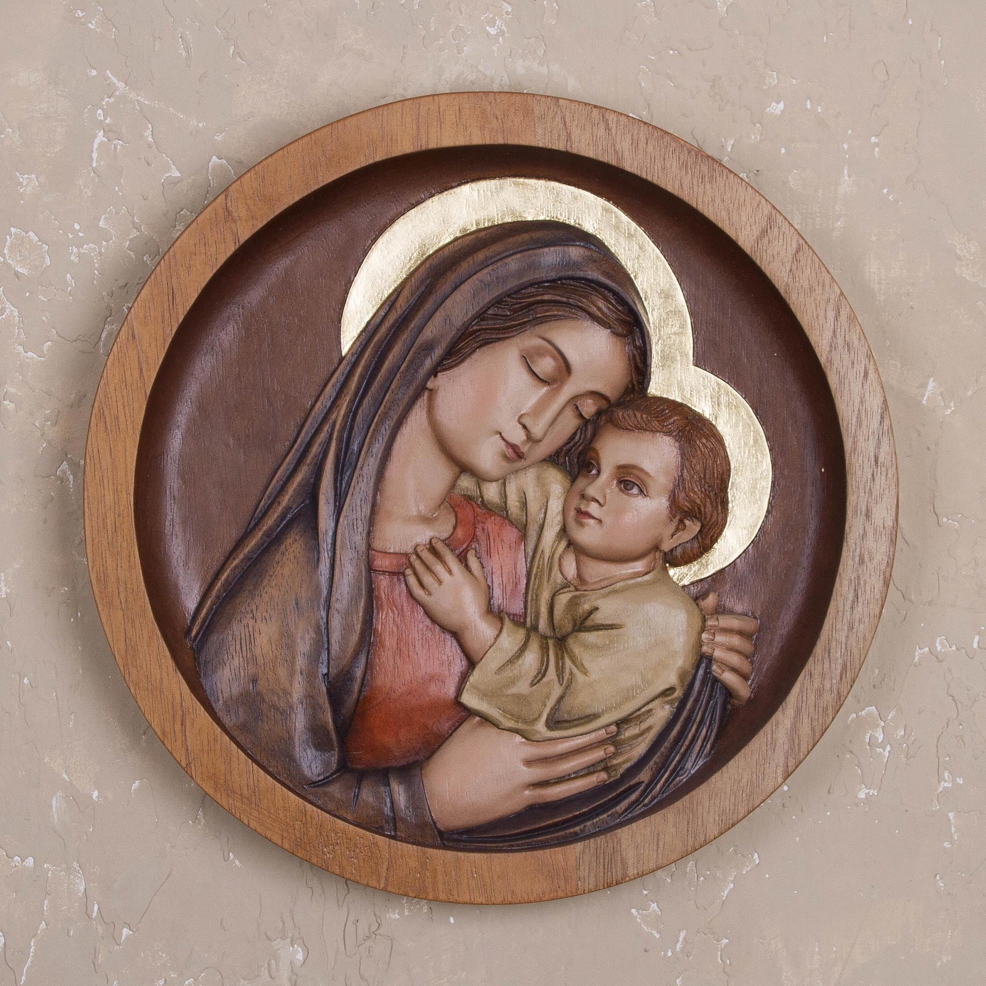 Premium Hand-Carved Mama Ashu Cedar Wood Relief Panel - Mary and Jesus from Peru