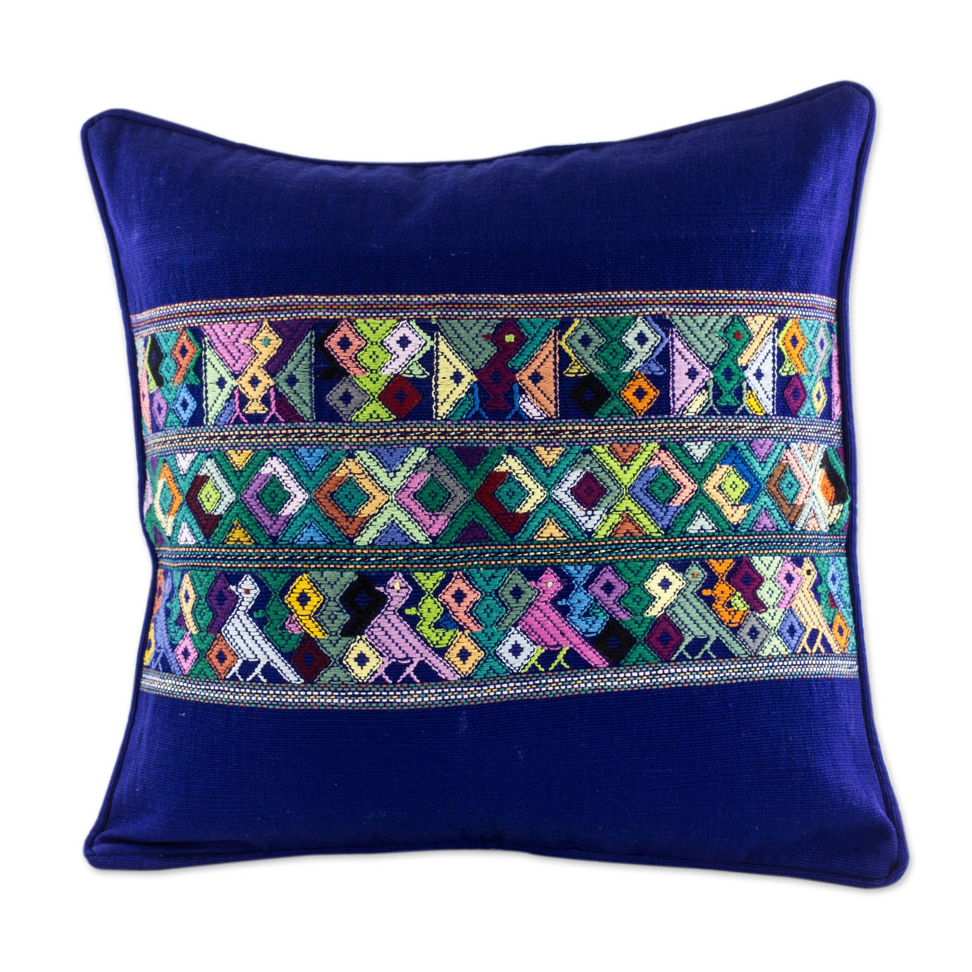 Premium Handwoven Blue Bird Cotton Cushion Cover - Quiché Maya Design