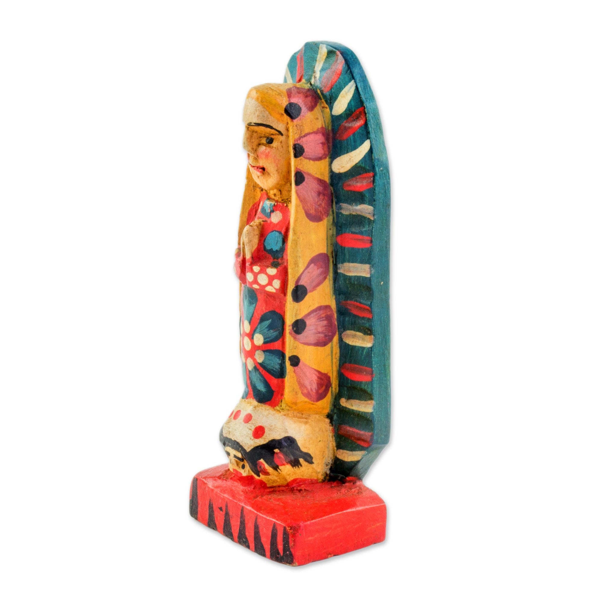 Premium Hand-Painted Virgin of Guadalupe Pinewood Figurine - Authentic Guatemalan Artisan Craft