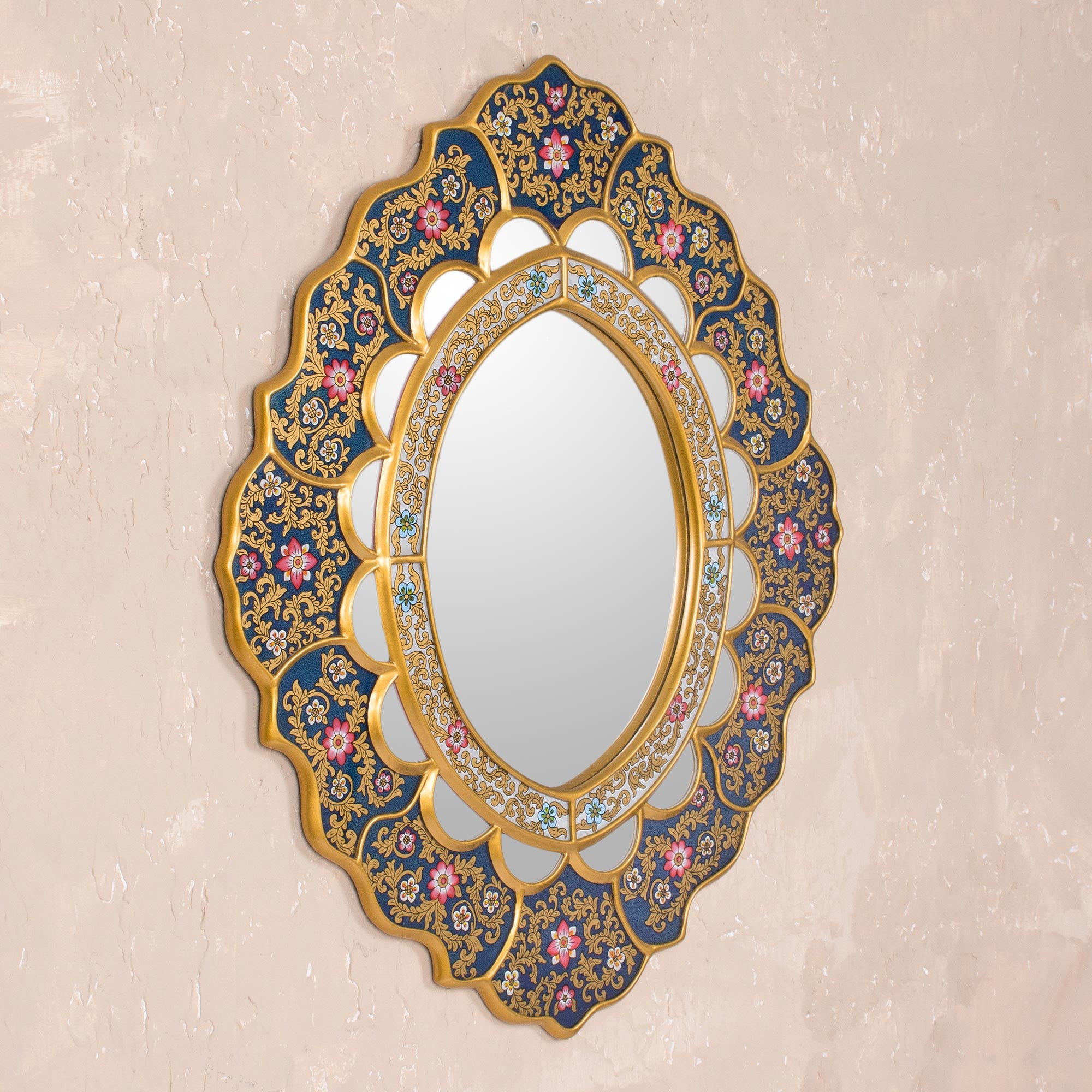 Premium Golden Garden Floral Reverse Painted Art Glass Wall Mirror