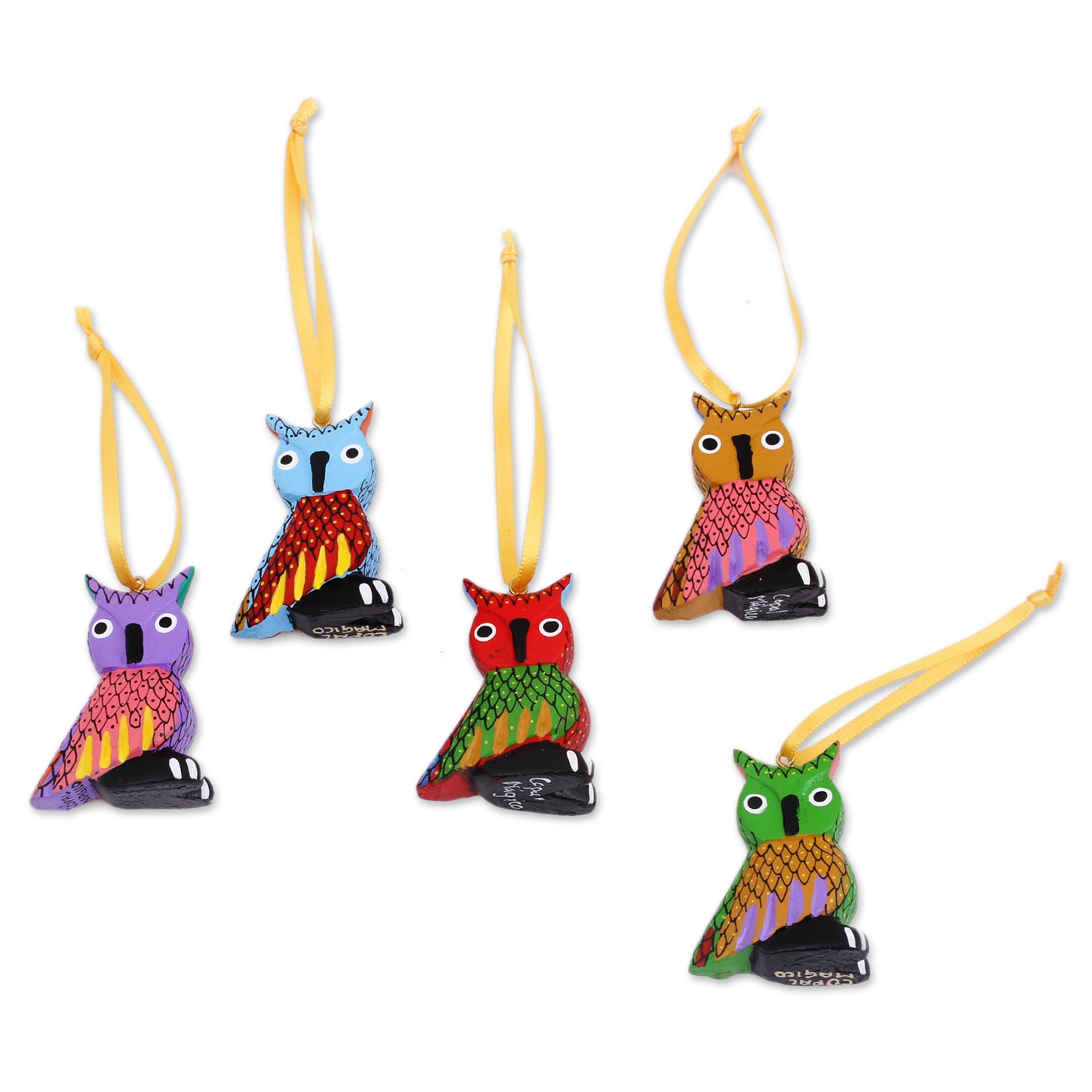 Premium Hand-Painted Alebrije Owl Ornaments - Set of 5, Authentic Mexican Craft
